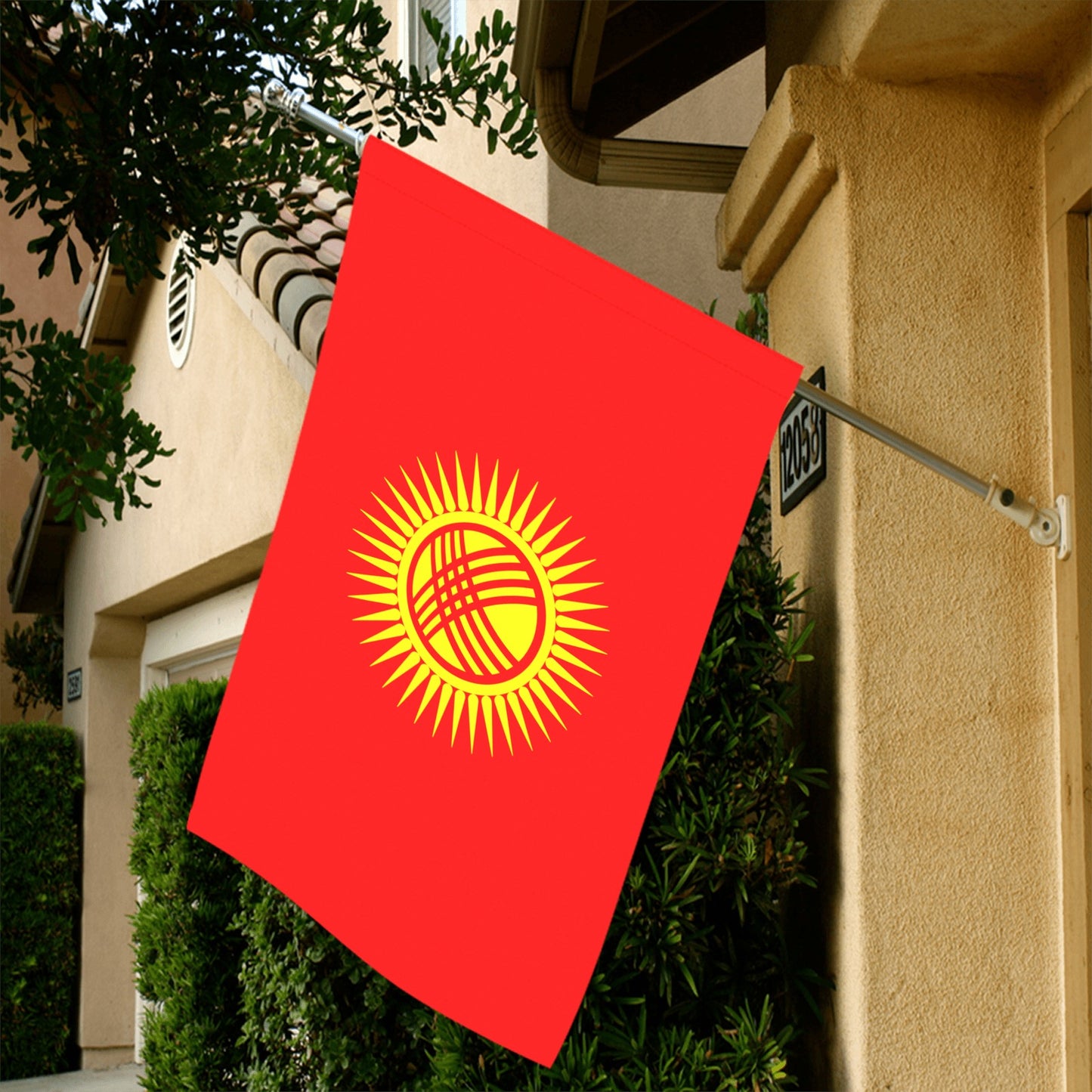 Red flag with yellow sun, house; Luv My Flag.