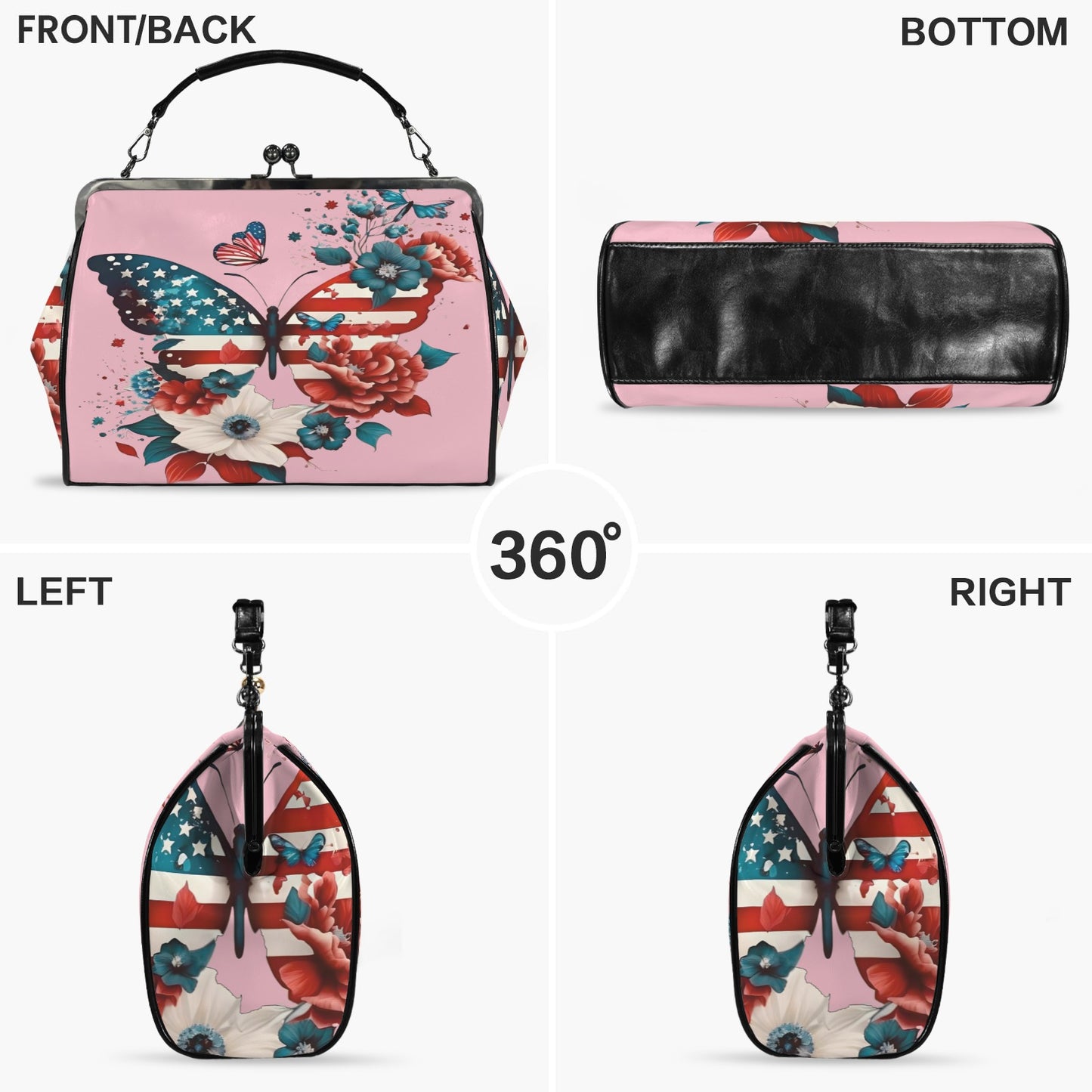 USA/American Flag Inspired Butterfly Kisslock Crossbody Shoulder Bag-Large