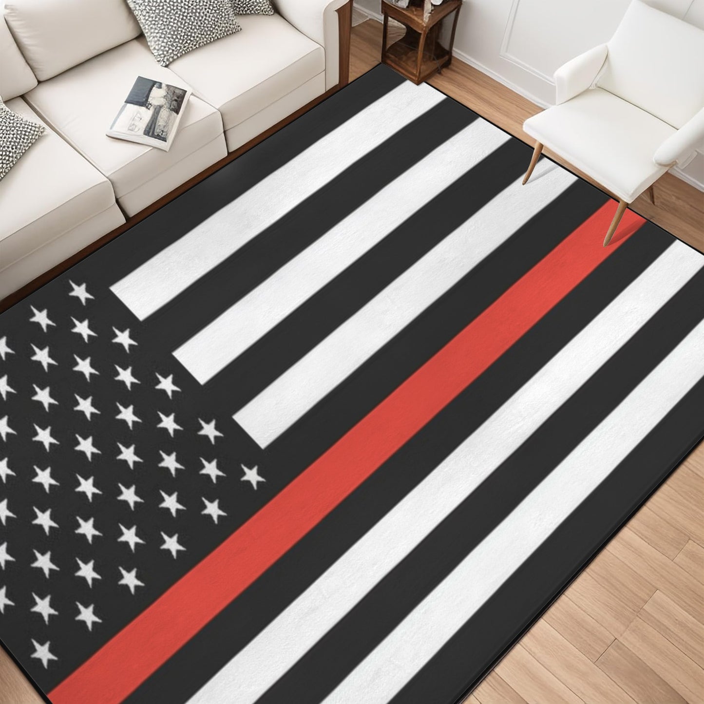 Thin Red Line Flag Inspired 84x60 Inch Area Rug with Black Binding (Made in the USA)