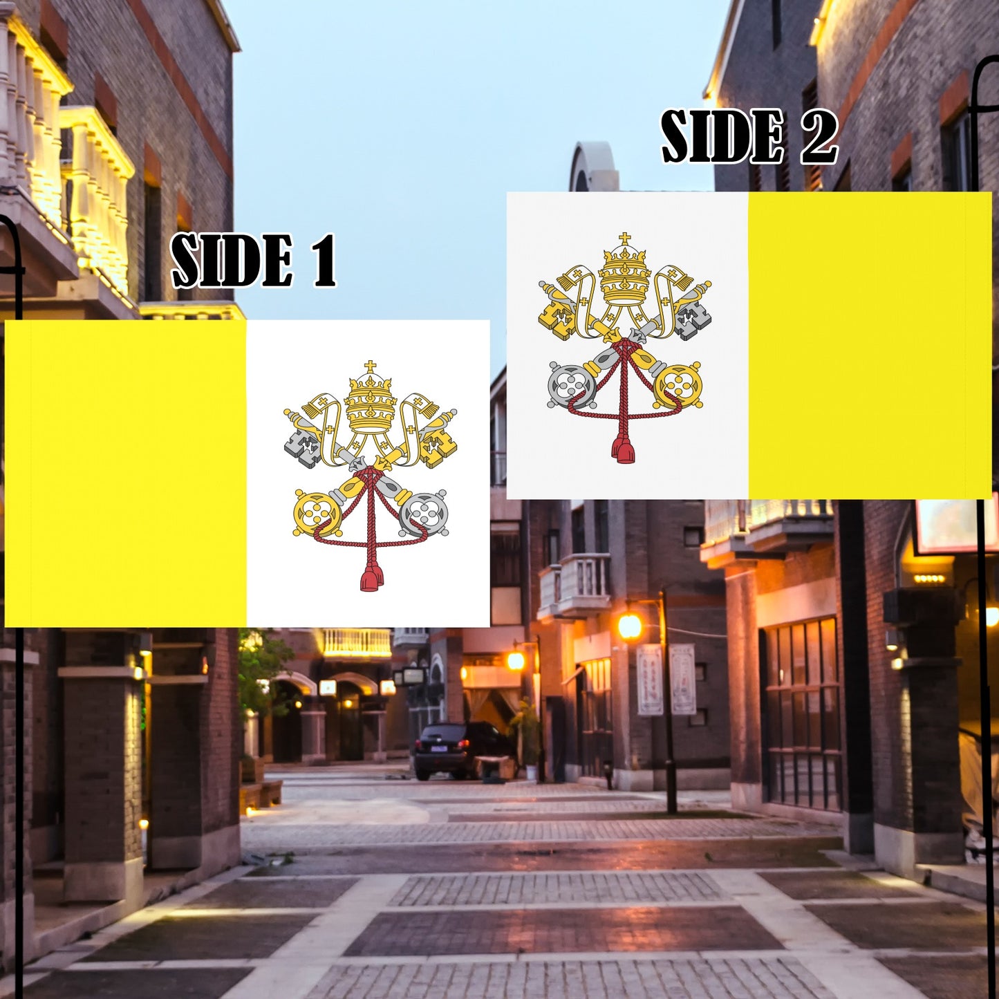 Side-by-side flags from Luv My Flag brand, urban setting.