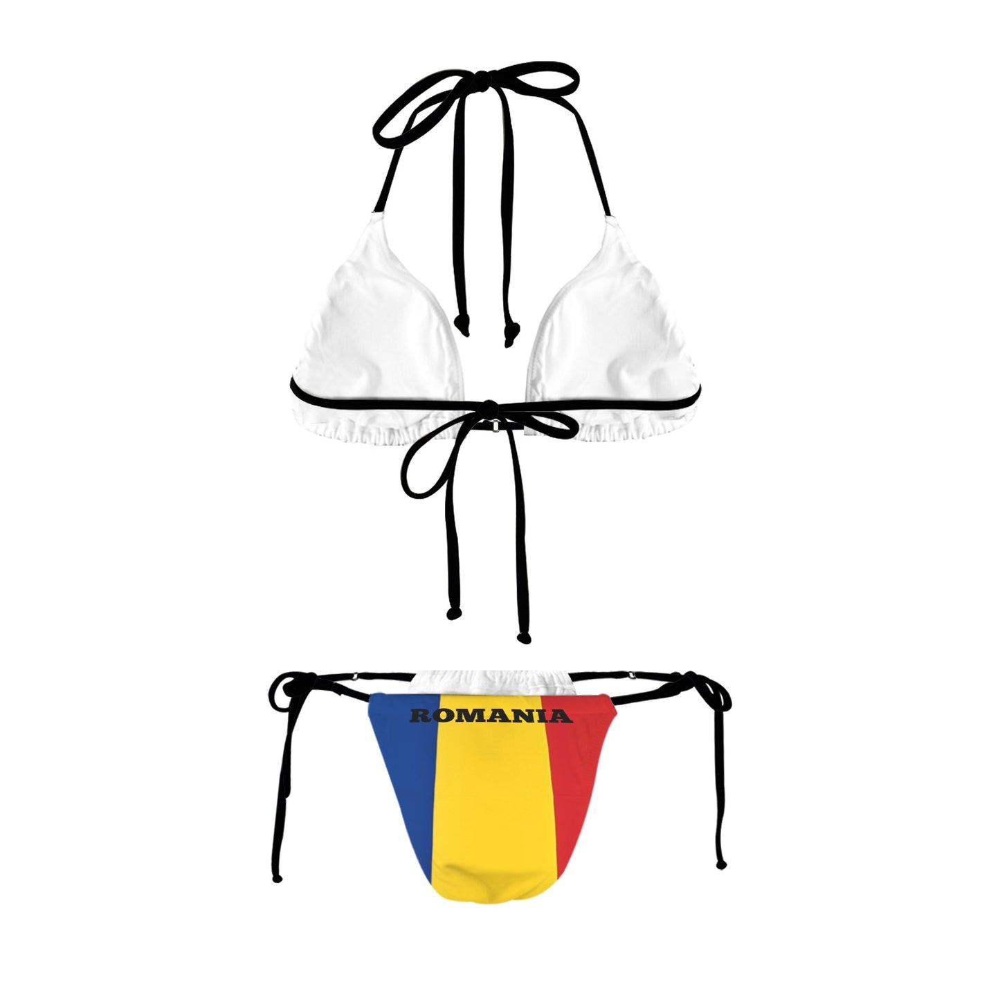 White, black-strapped bikini with Romanian flag colors. Luv My Flag.