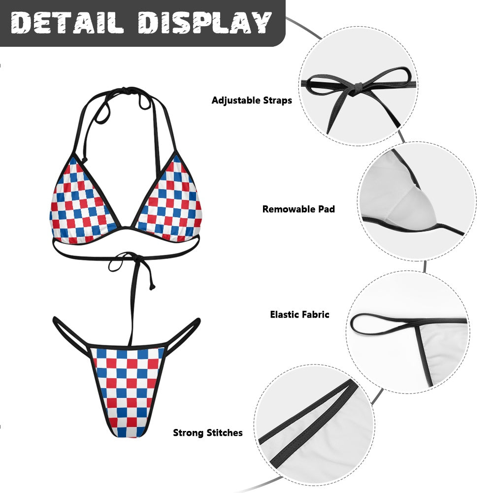 USA/American Flag Inspired Checkered Pattern Women's Triangle Bikini with Thong Bottom