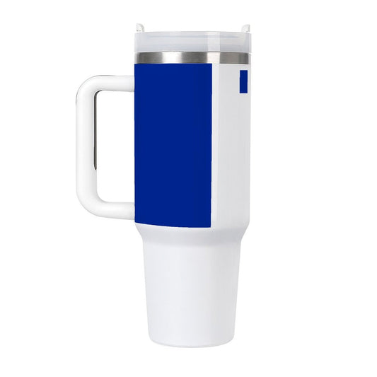 White and blue travel mug with handle.