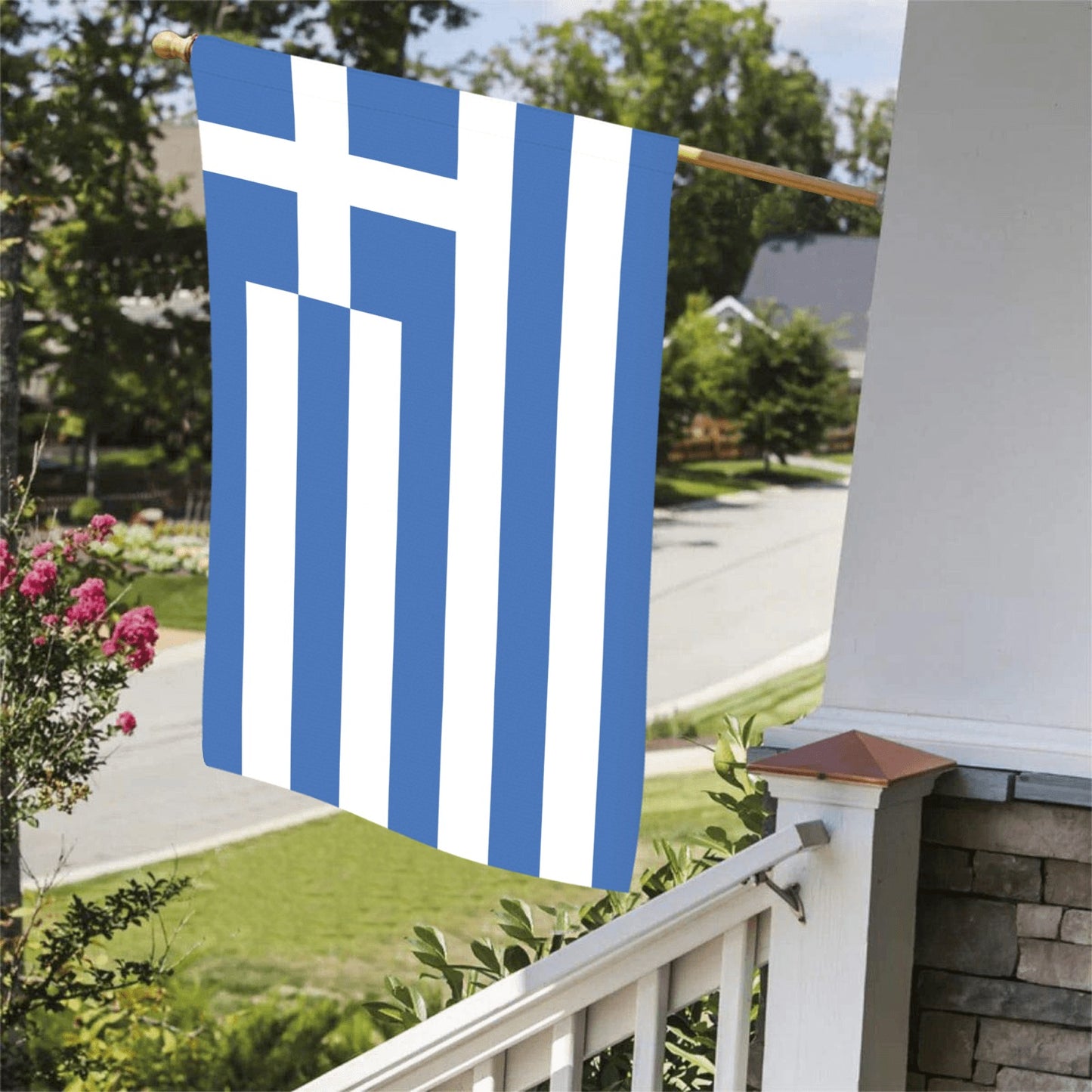 Luv My Flag, Greek flag hanging outdoors, sunny suburban neighborhood.