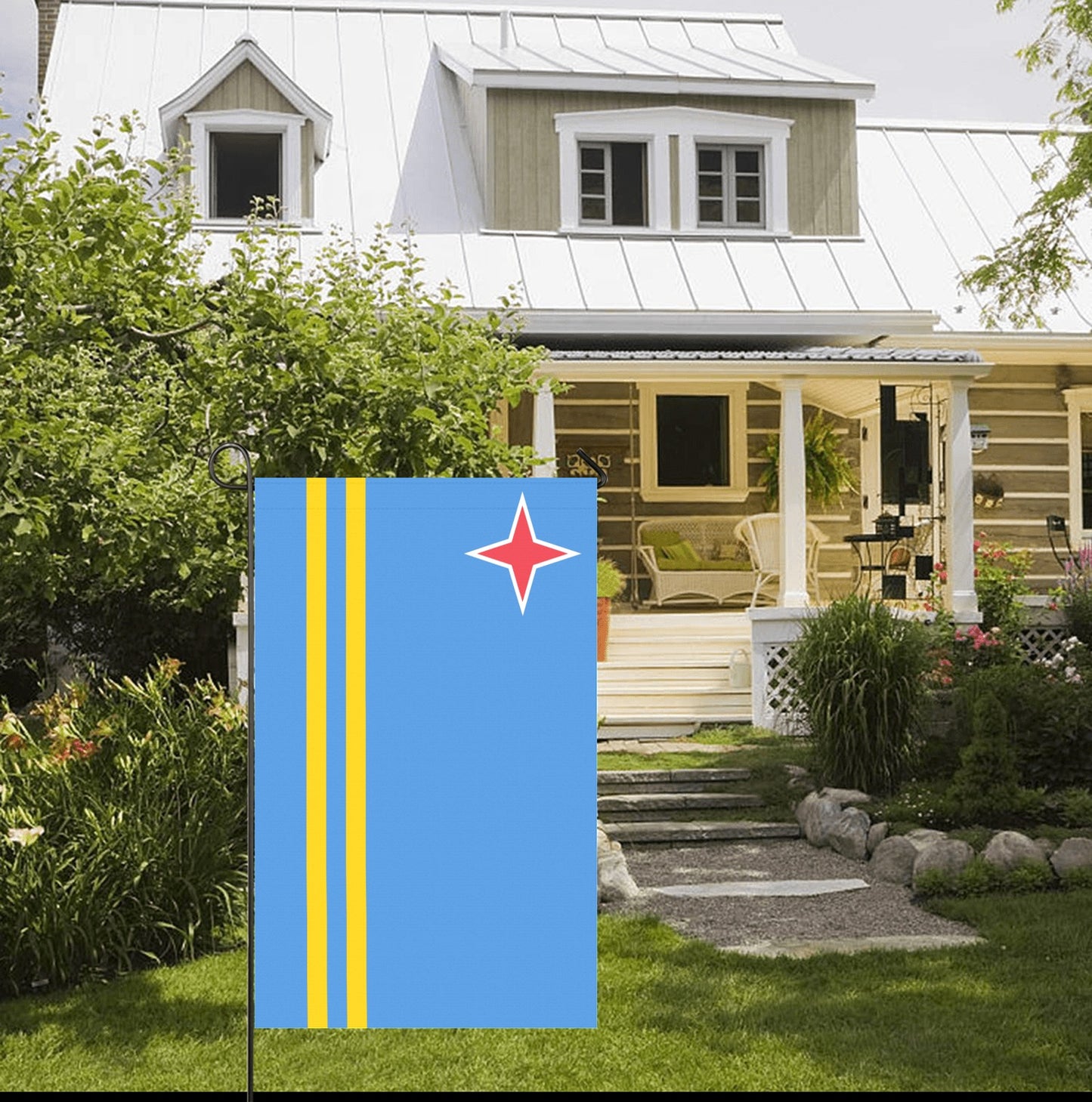 Front yard featuring Luv My Flag's vibrant blue design.