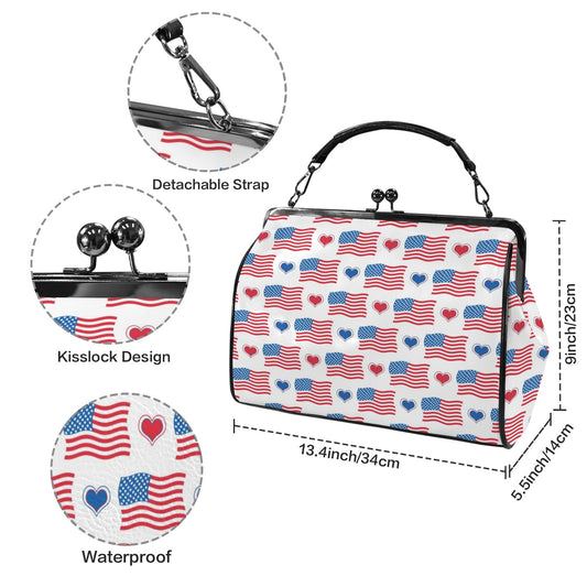 USA/American Flag Inspired Flag and Hearts Pattern Kisslock Crossbody Shoulder Bag-Large