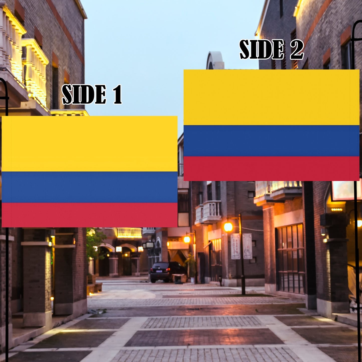 Two Colombia flags by Luv My Flag, urban street background.