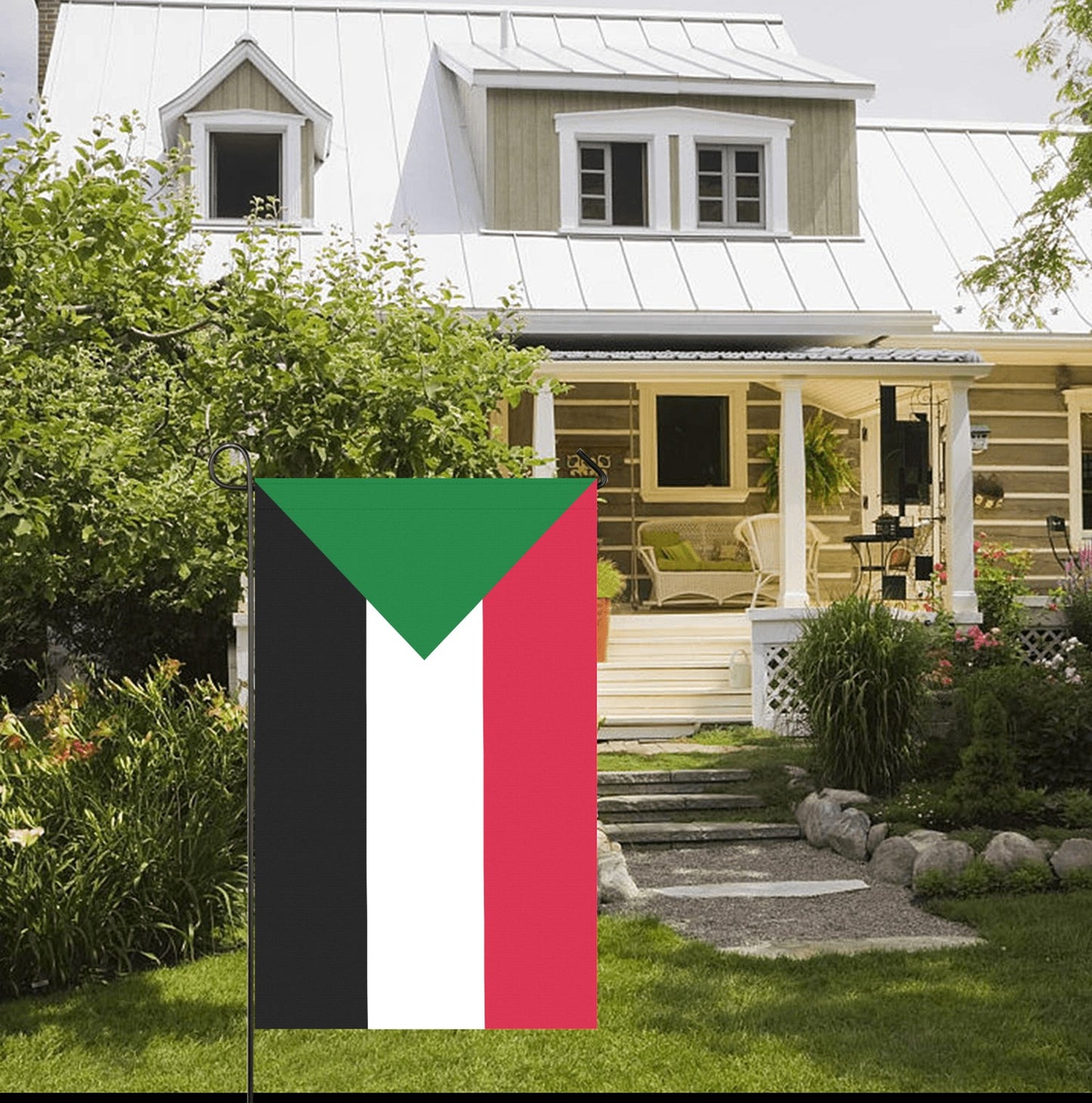 Luv My Flag garden flag outside charming porch and garden.