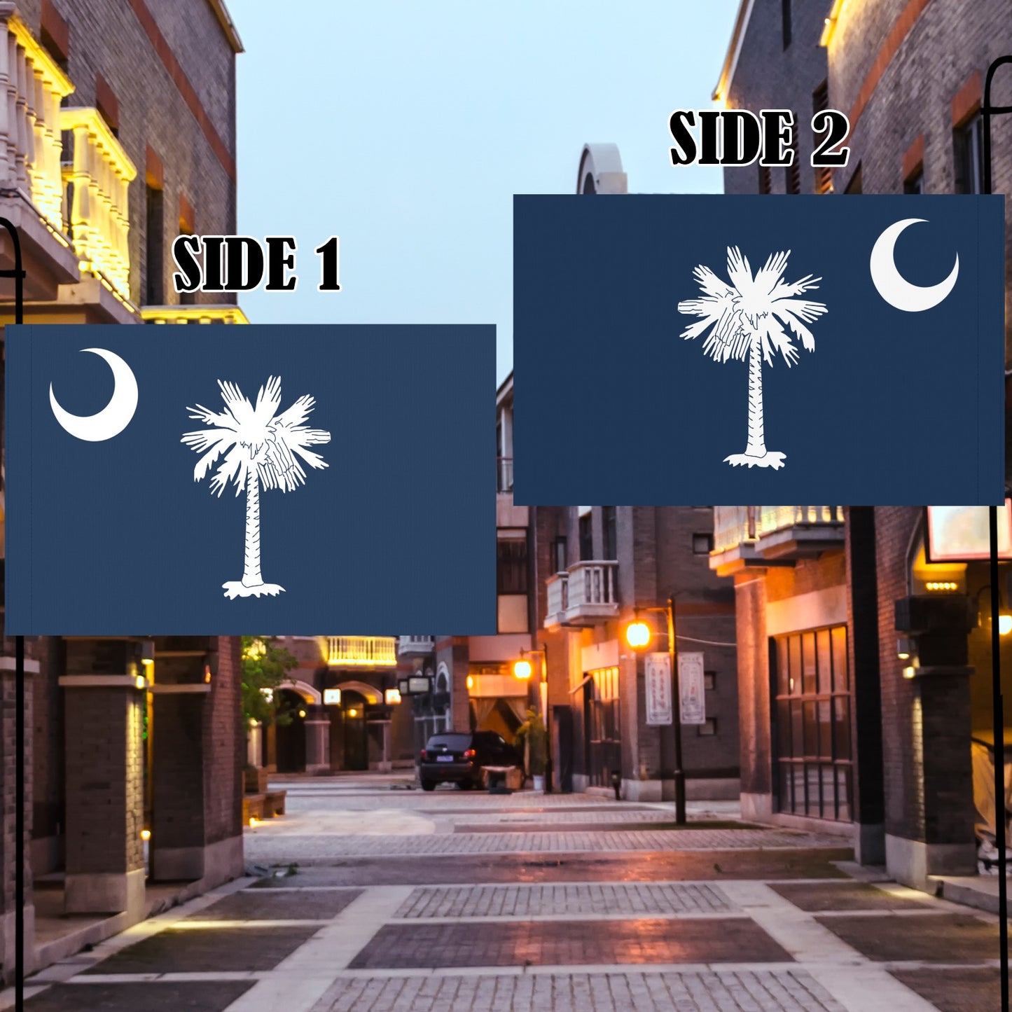 Urban street featuring Luv My Flag with crescent, palm.