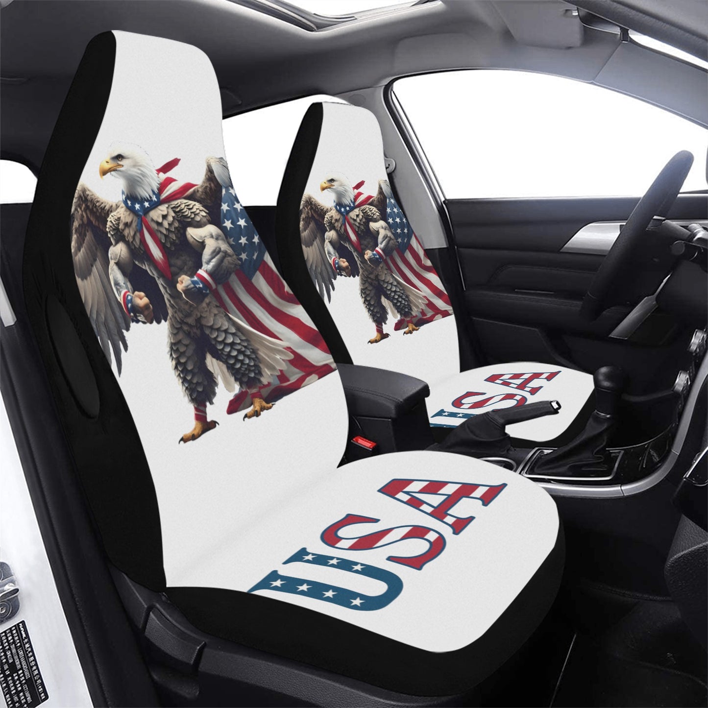 USA/American Flag Bald Eagle with Cape Car Seat Cover Airbag Compatible(Set of 2, white)