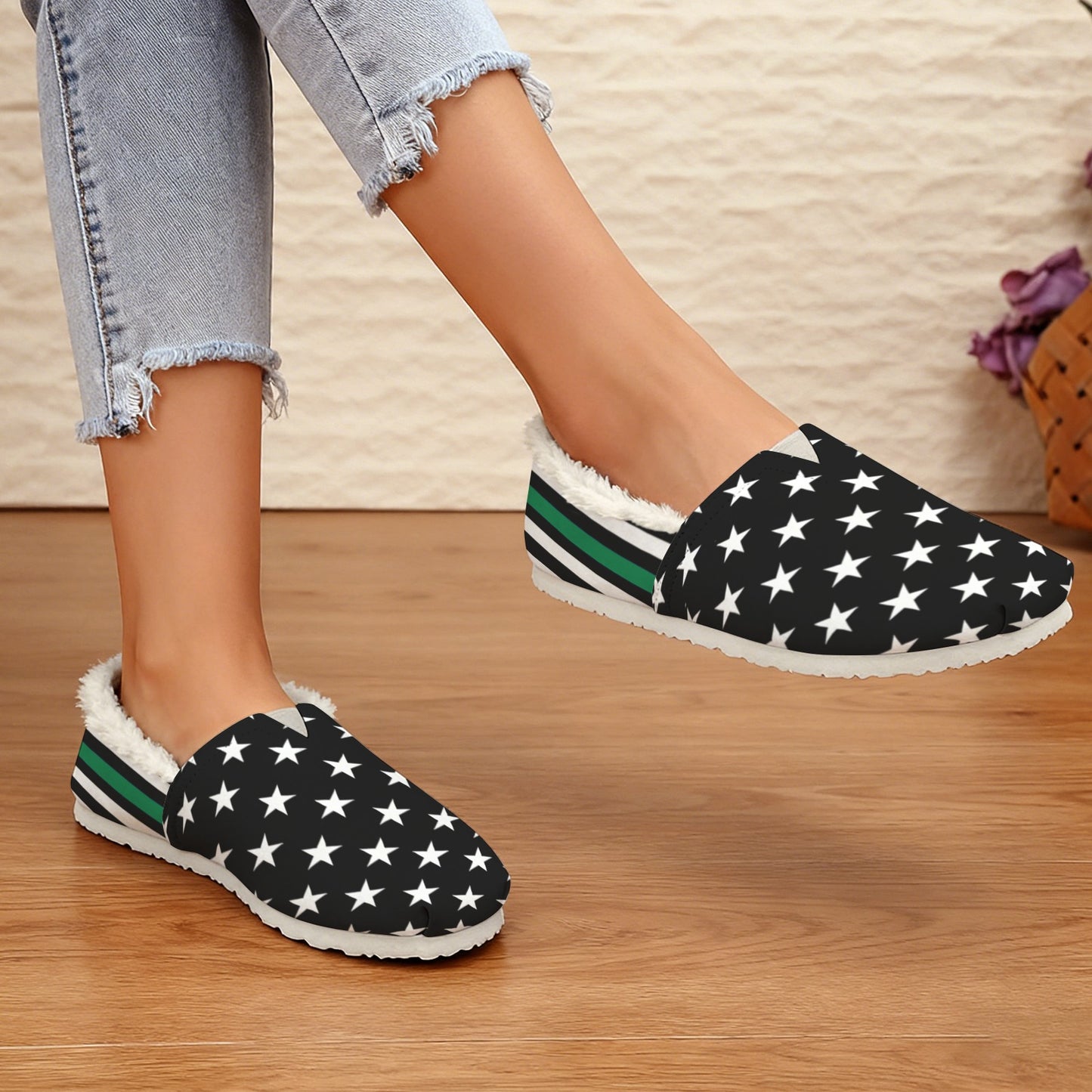 Thin Green Line Flag Inspired Women's Fleece-Lined Canvas Slip-On