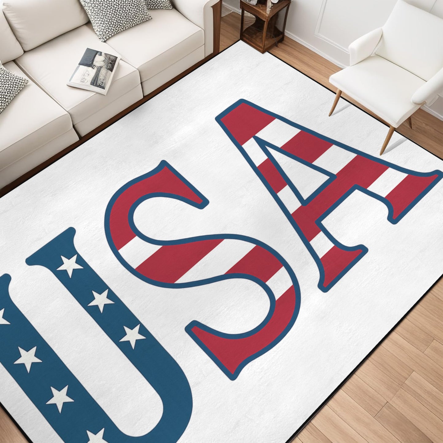 USA/American Flag Inspired "USA" 84x60 Inch Area Rug with Black Binding (Made in the USA)