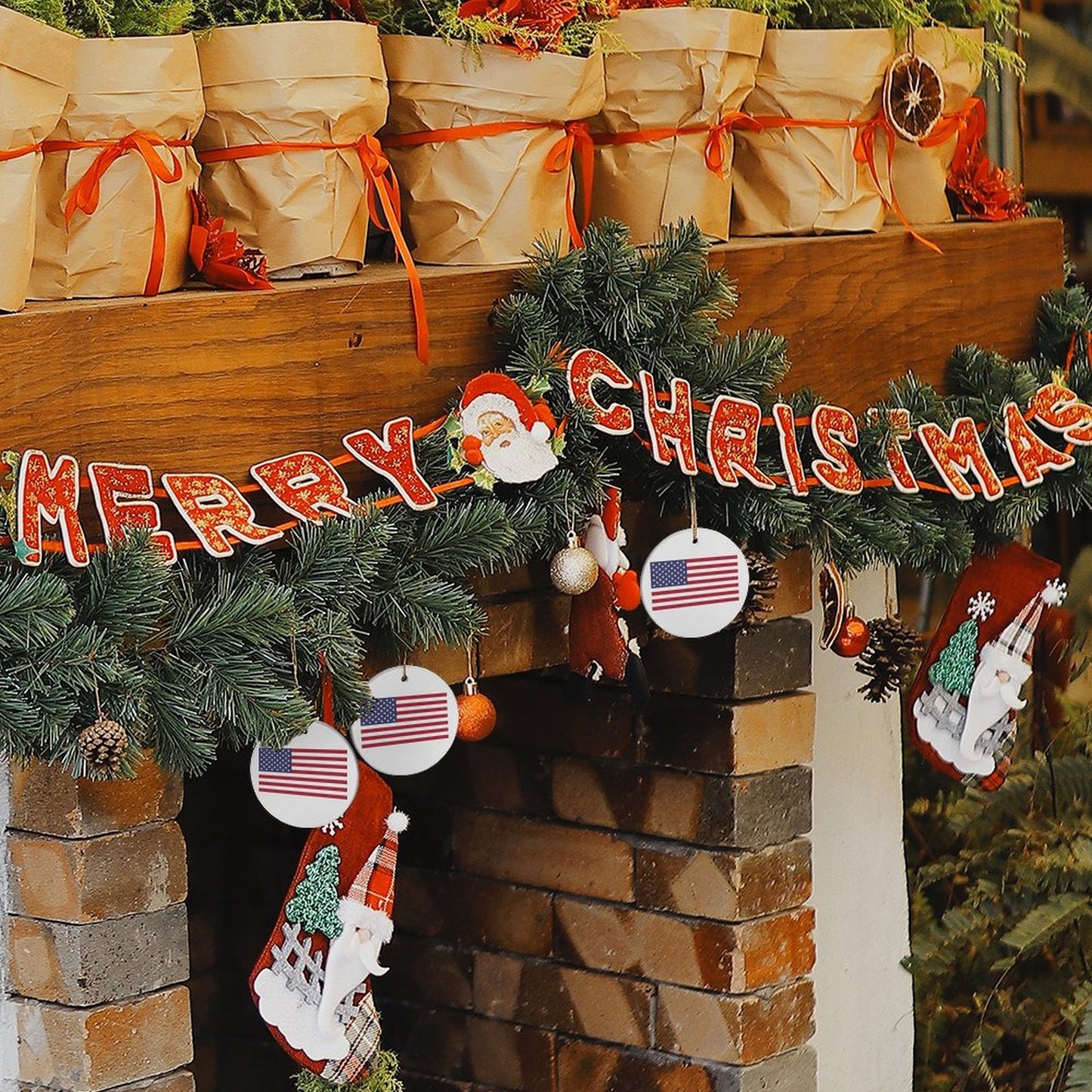 USA/America Flag Inspired Circle Ceramic Ornament Made in USA Circle Ceramic Ornament (Made in USA)