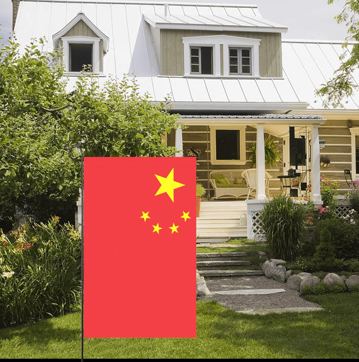 Luv My Flag brand, China flag displayed outside charming house.