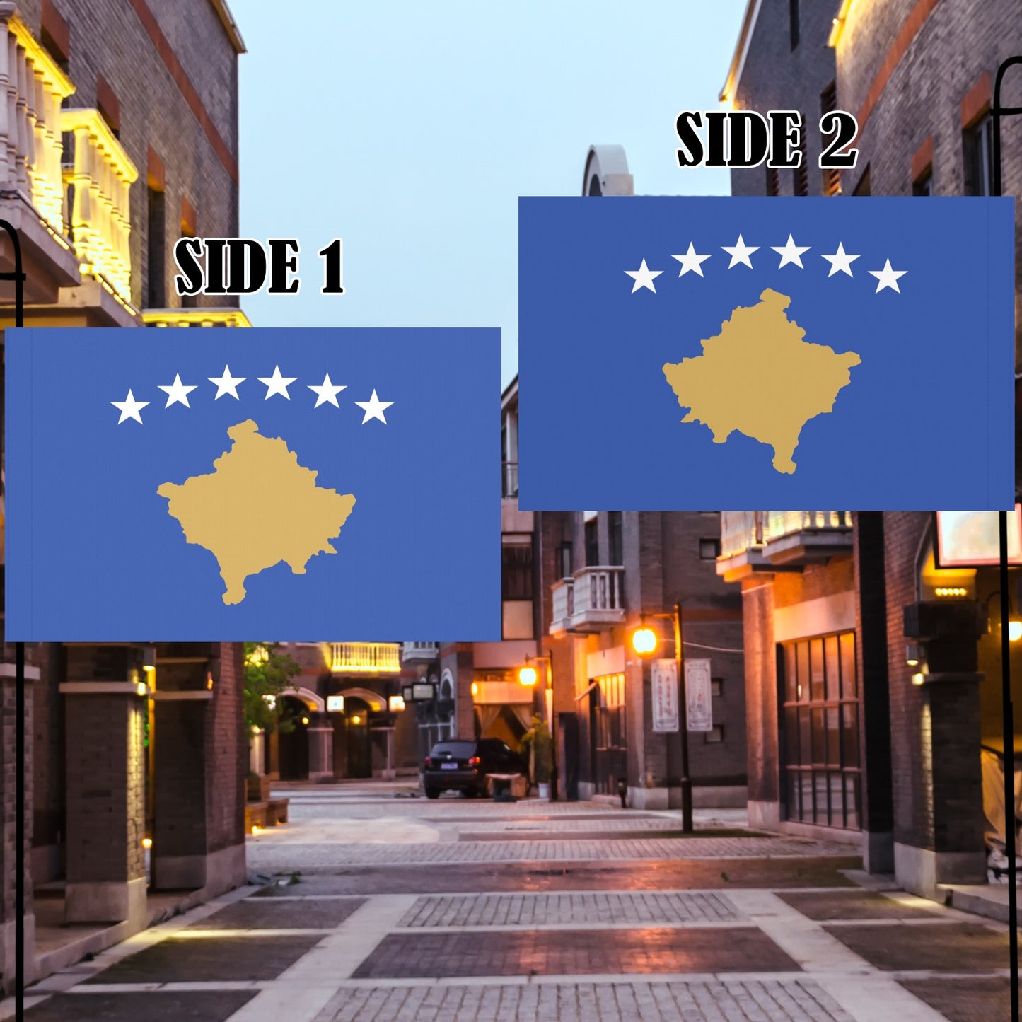 Two-sided Kosovo flag by Luv My Flag, street view.