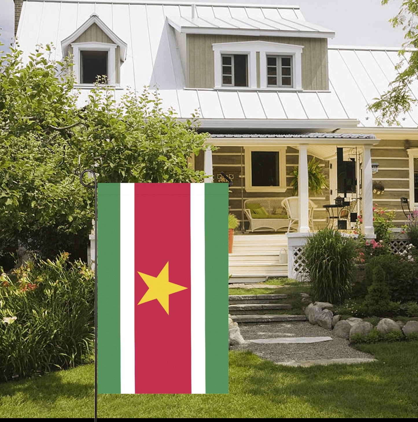 House with Luv My Flag, Suriname flag, garden scene.