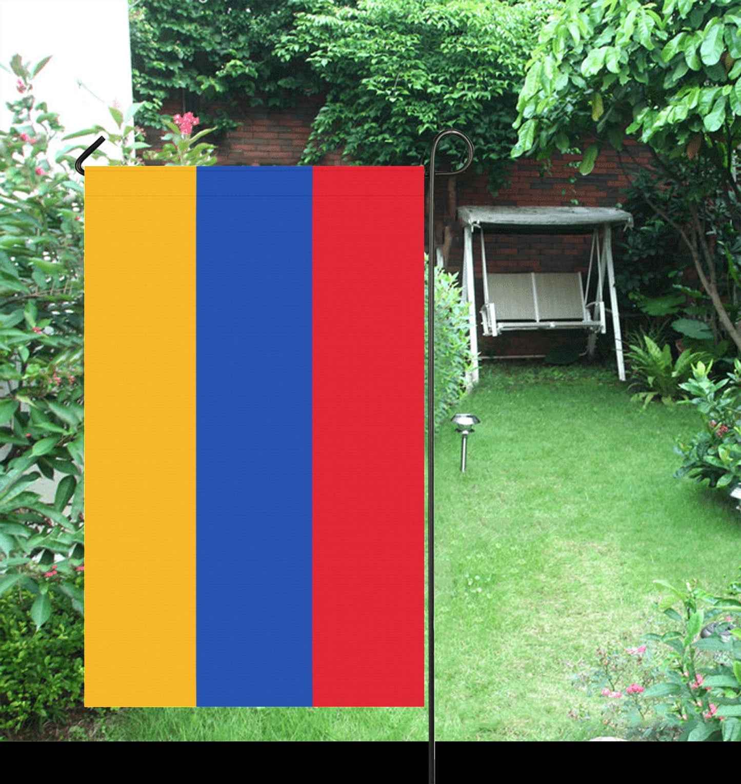 Flag with vertical stripes in colorful garden, Luv My Flag.