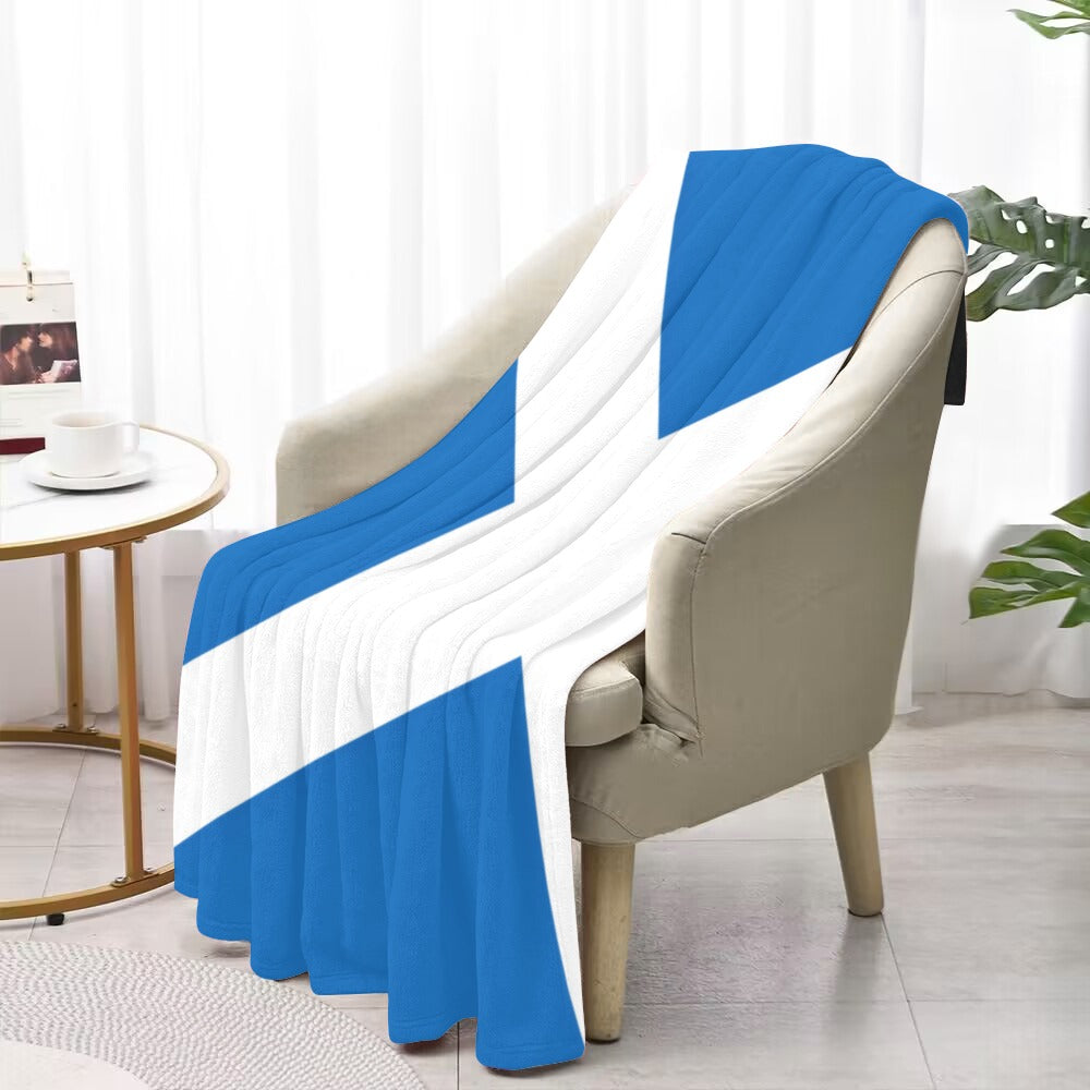 Luv My Flag blanket with blue and white design.
