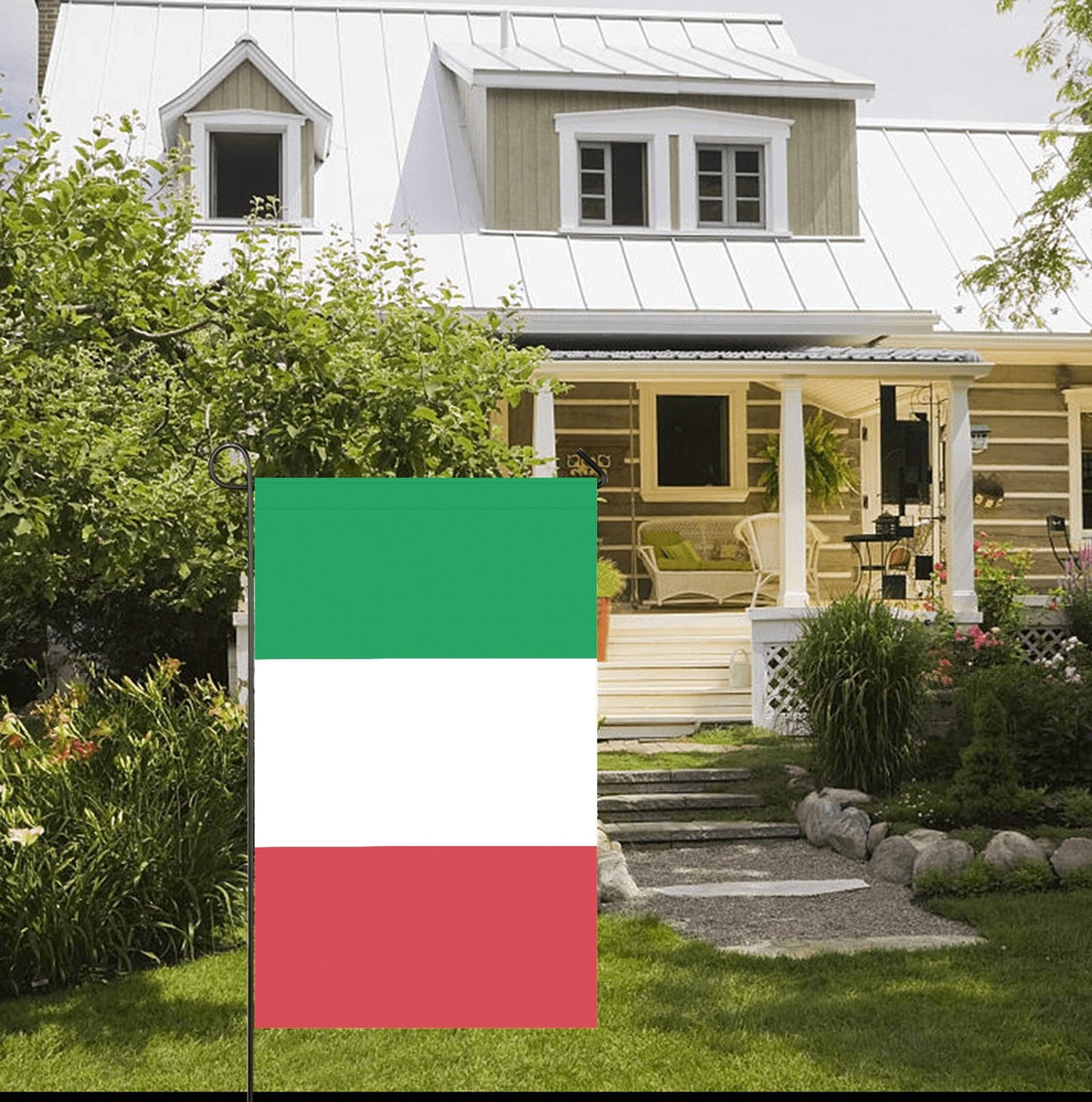 House exterior with garden, flag displayed by Luv My Flag.