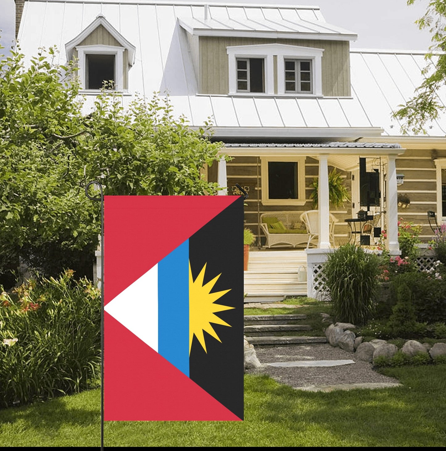 Luv My Flag garden flag displayed outside a quaint house.