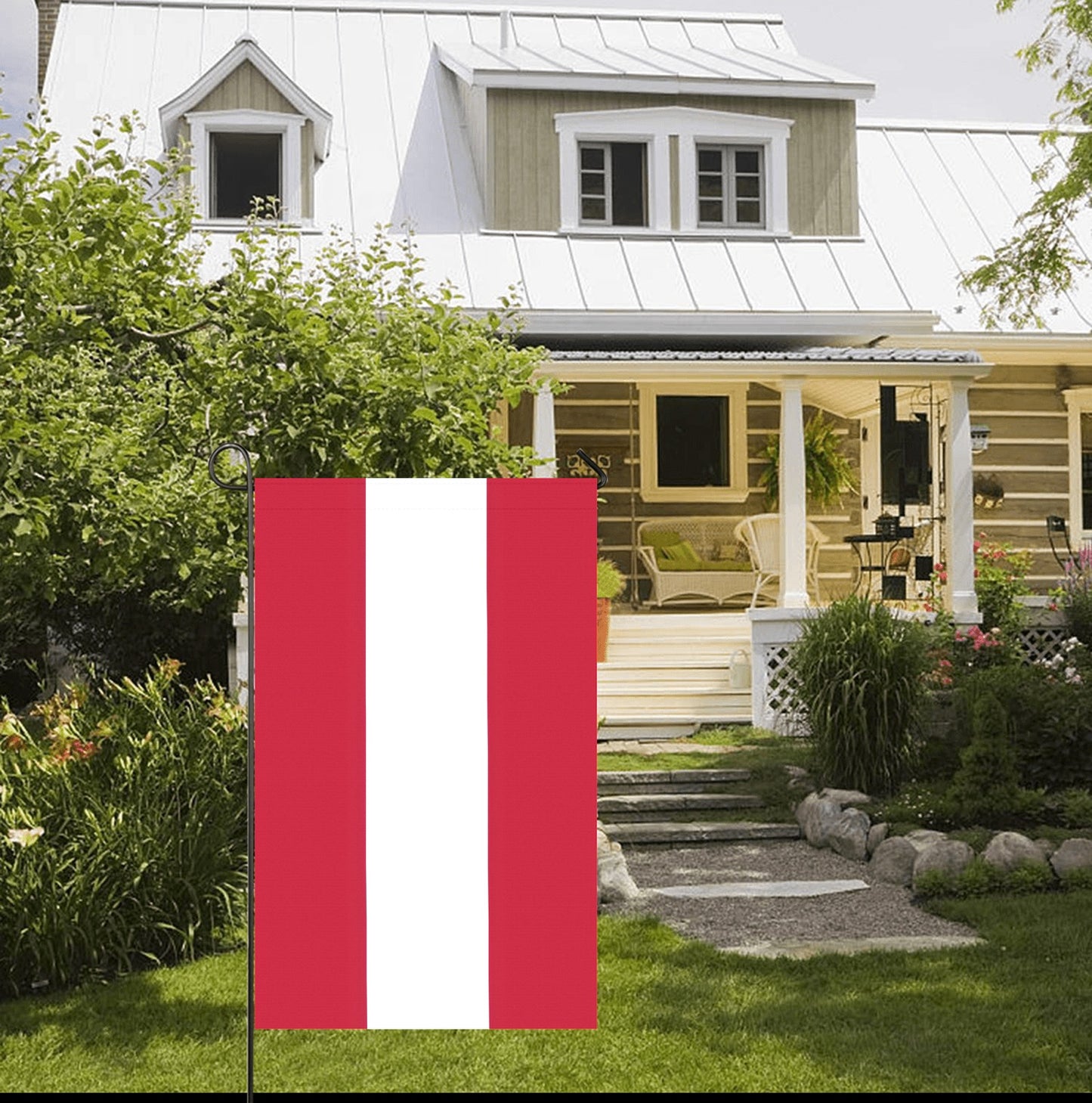 Front yard with Luv My Flag, red and white.