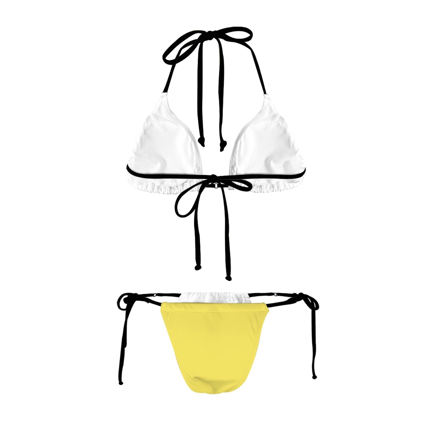 Luv My Flag bikini: white top, yellow bottom, black ties.