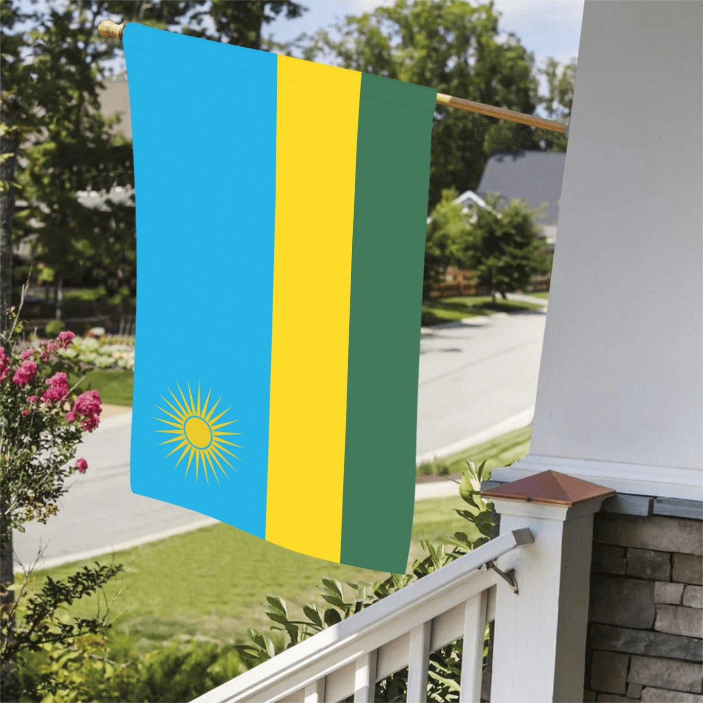 Rwanda flag on porch from Luv My Flag brand.