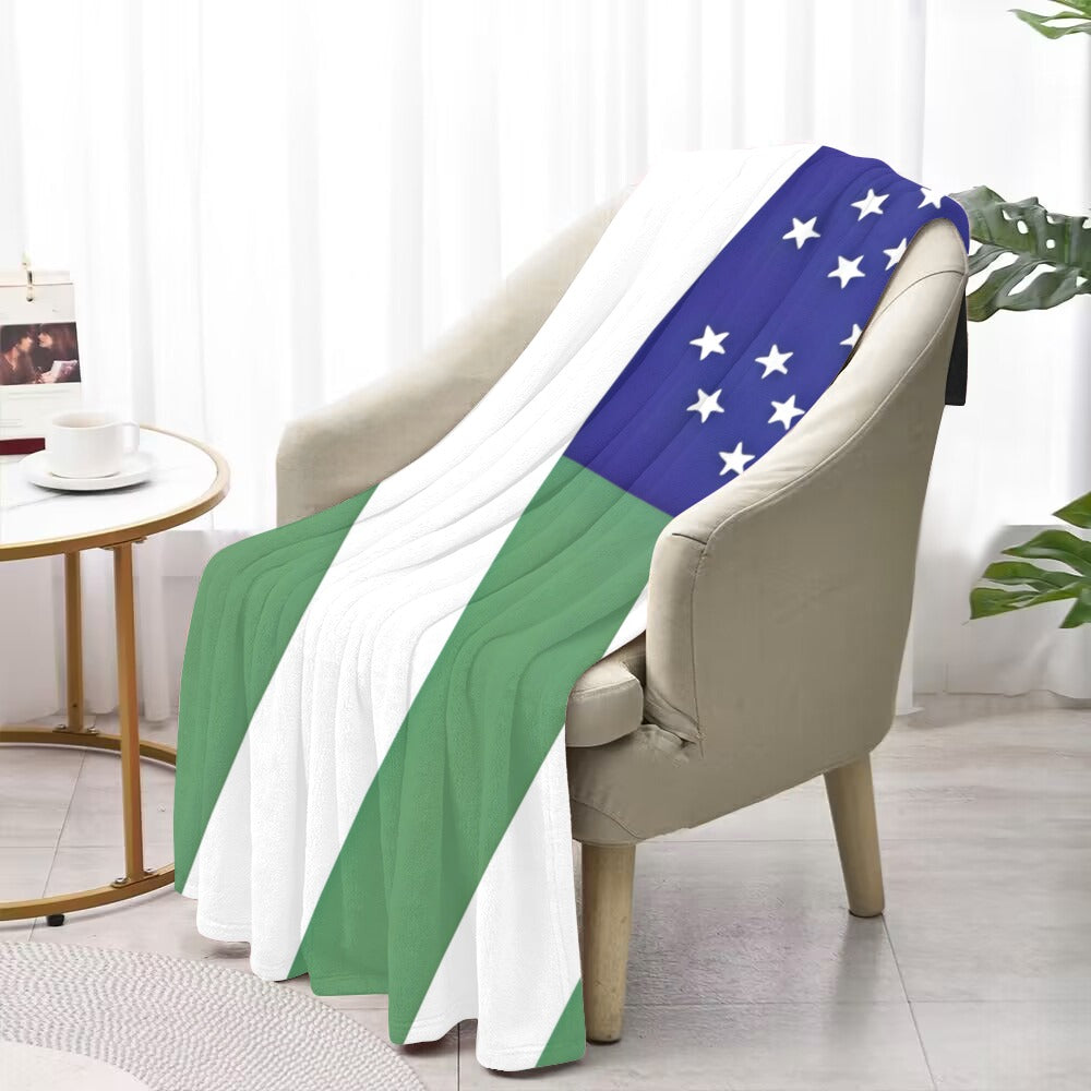 Chair draped with Luv My Flag blanket, stars design.