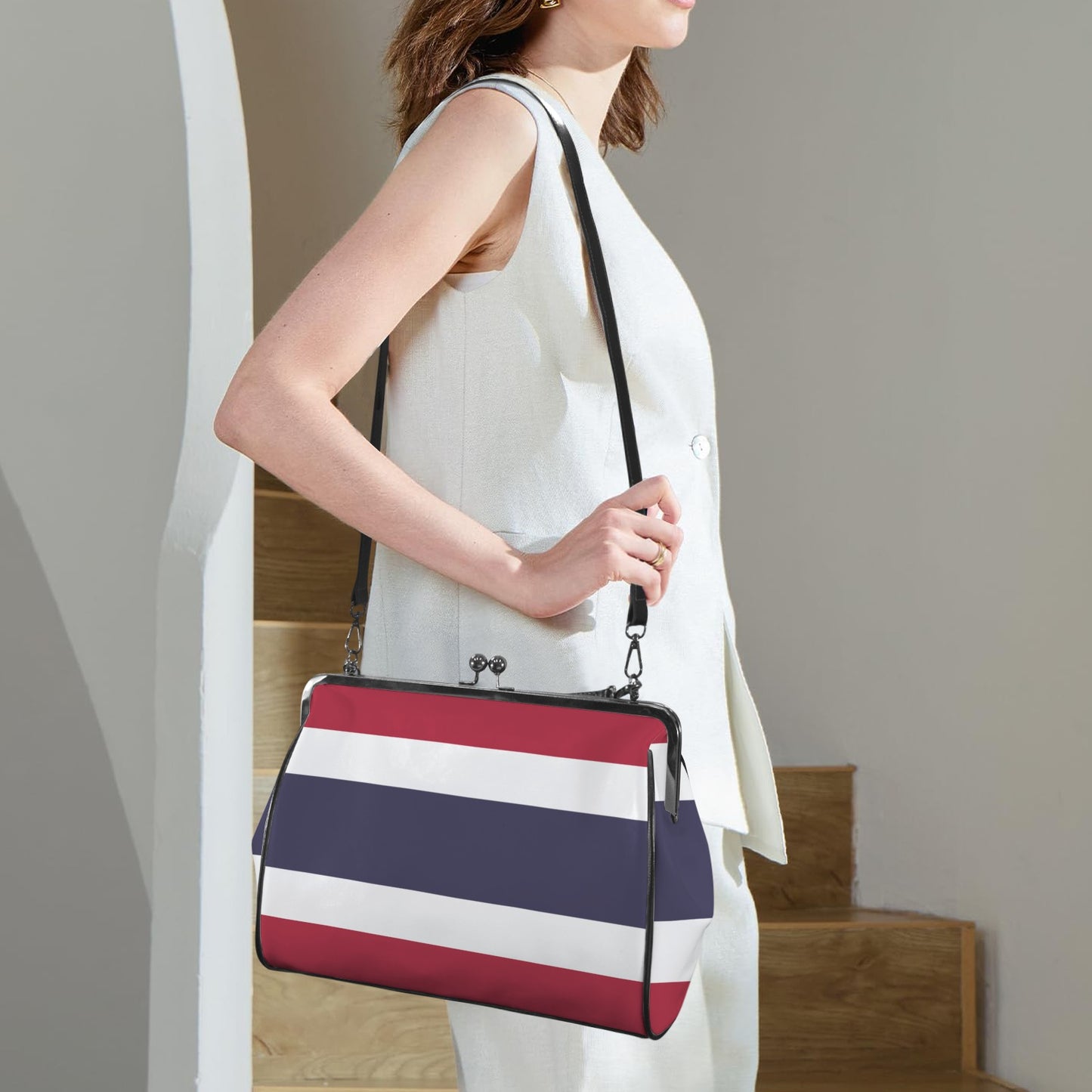 Thailand Flag Inspired Kisslock Crossbody Shoulder Bag-Large