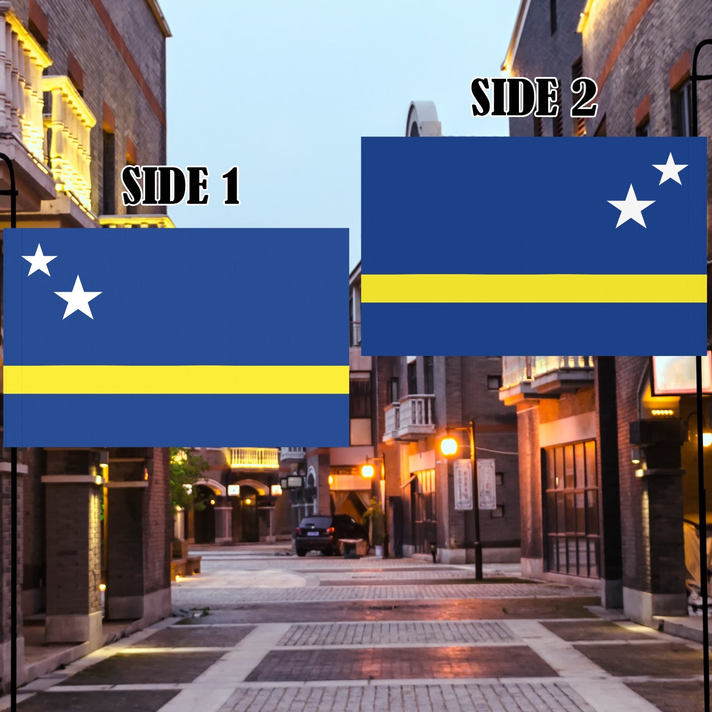 Street view with Luv My Flag, blue and yellow.