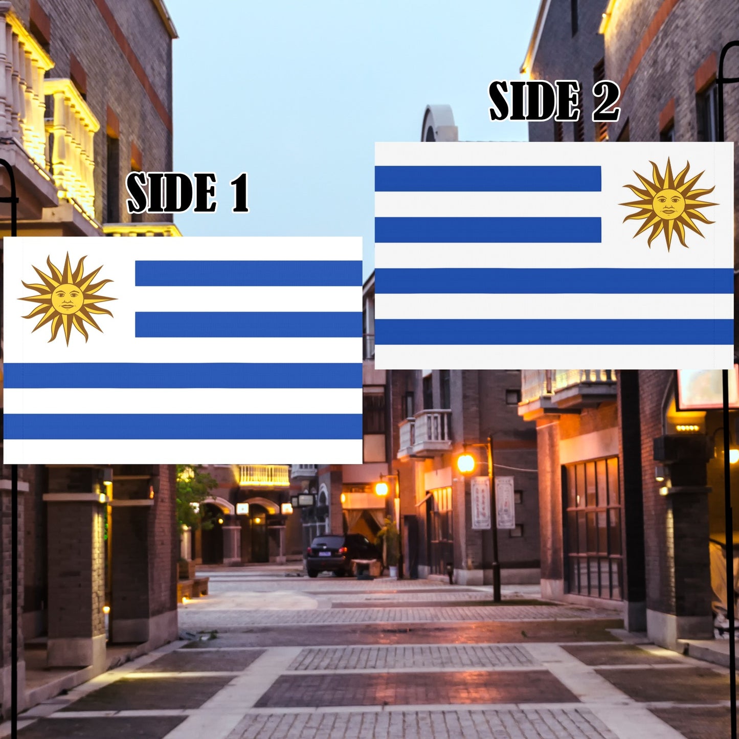 Two Uruguay flags displayed in an urban setting, Luv My Flag.