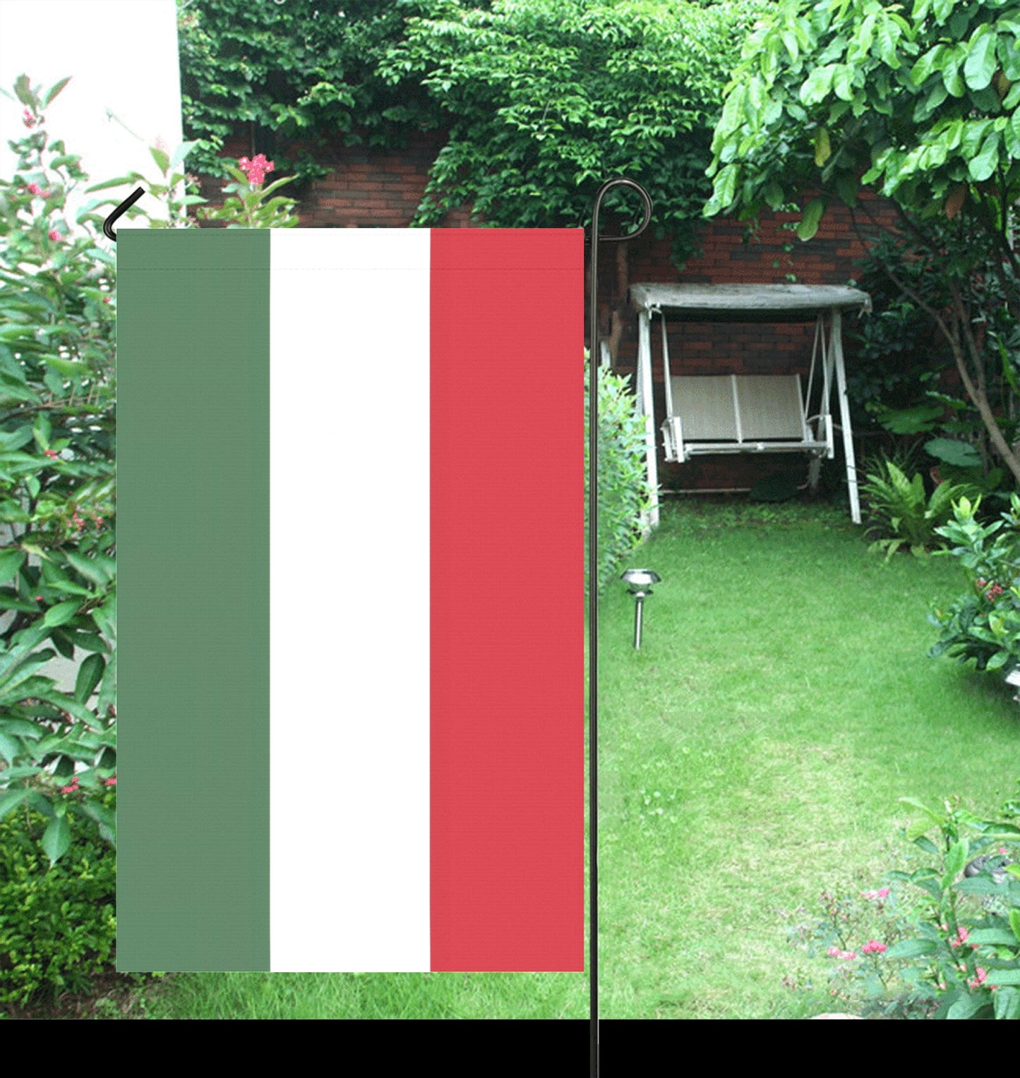 Flag with green, white, red stripes, garden background, Luv My Flag.