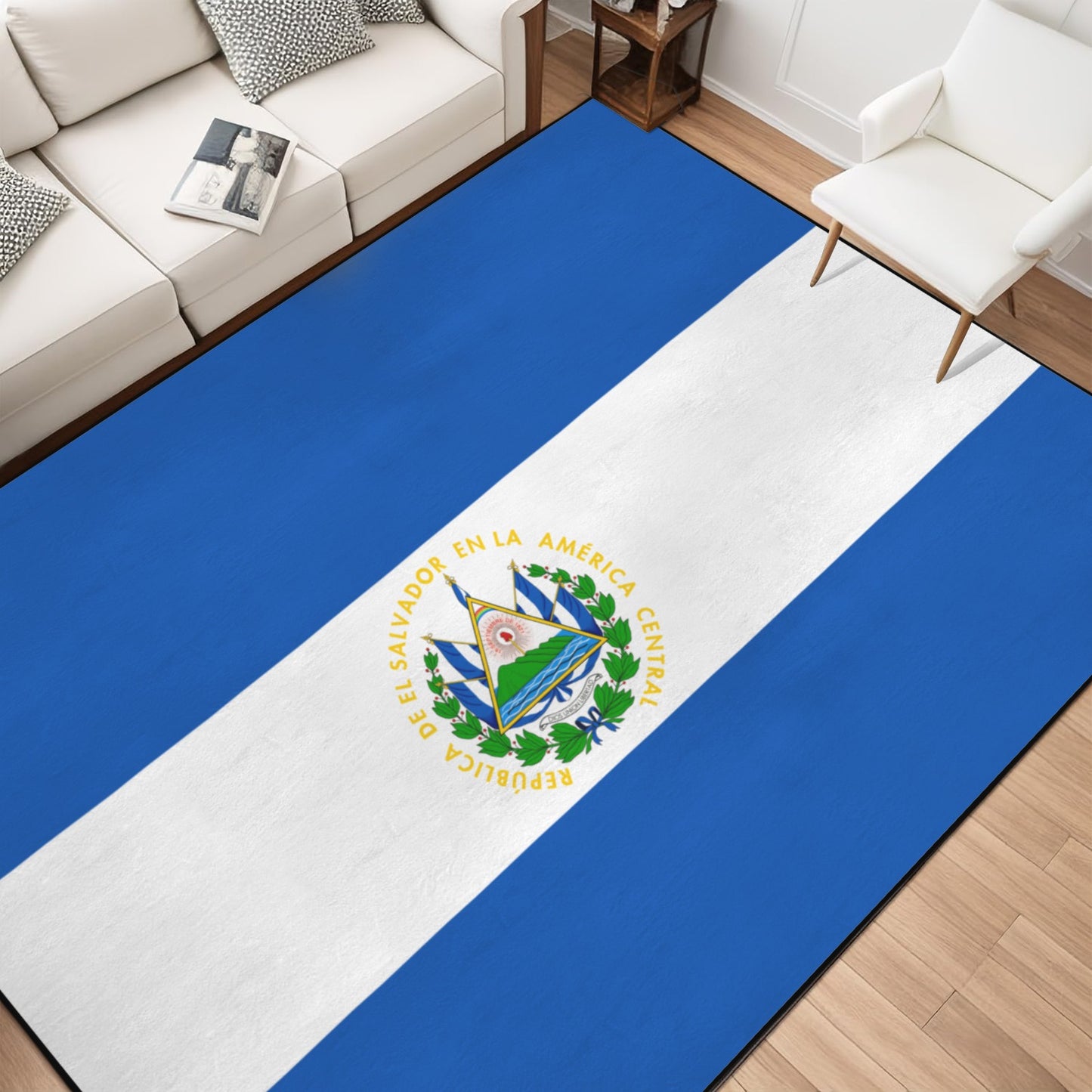 El Salvador Flag Inspired 84x60 Inch Area Rug with Black Binding (Made in the USA)