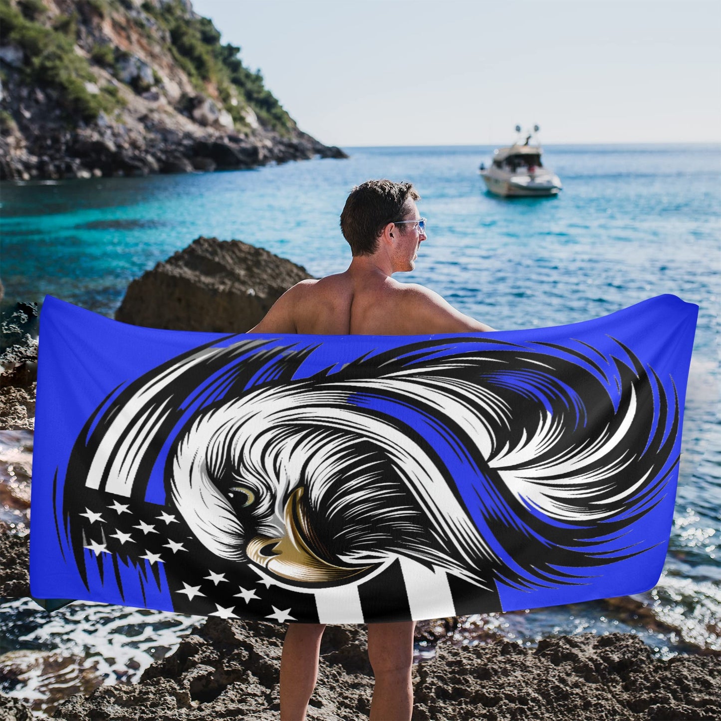 Thin Blue Line Flag Inspired Eagle Beach Towel 31"x71" (Made in USA)