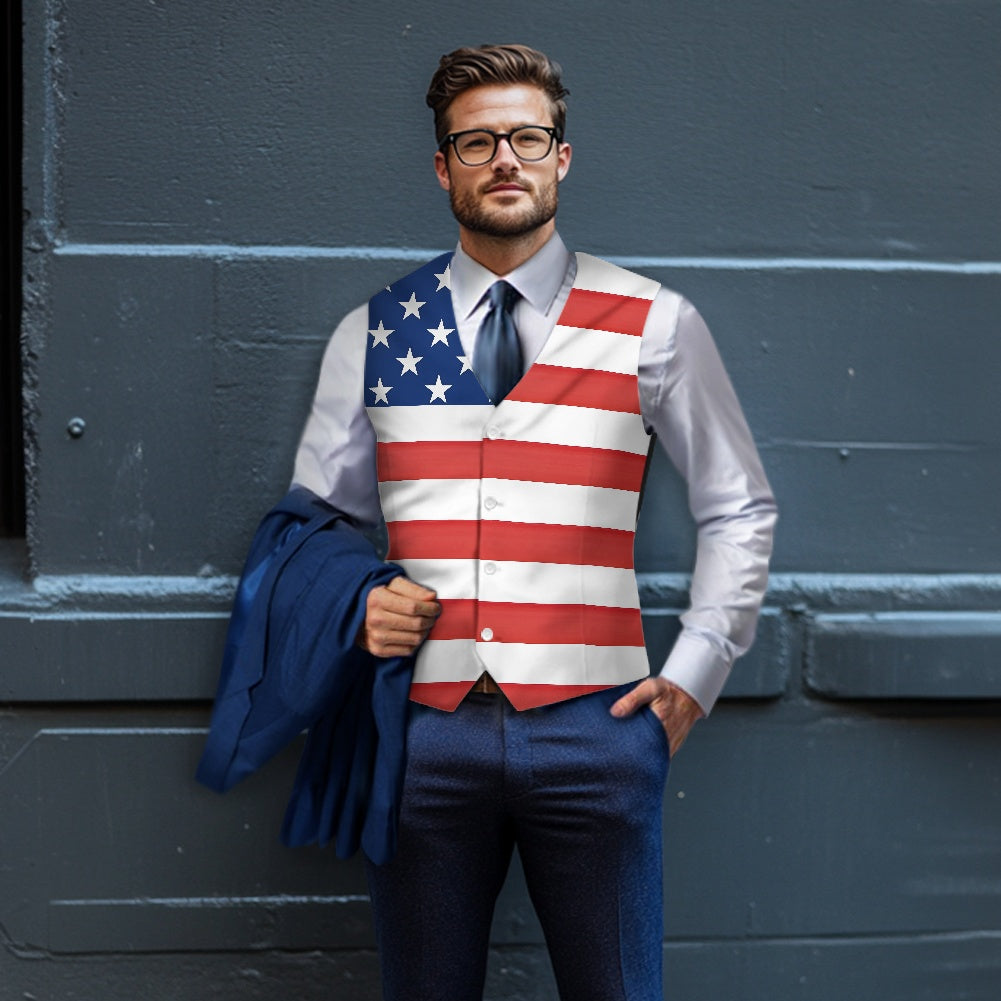 American Flag Inspired Suit Vest | Patriotic Stars & Horizontal Stripes