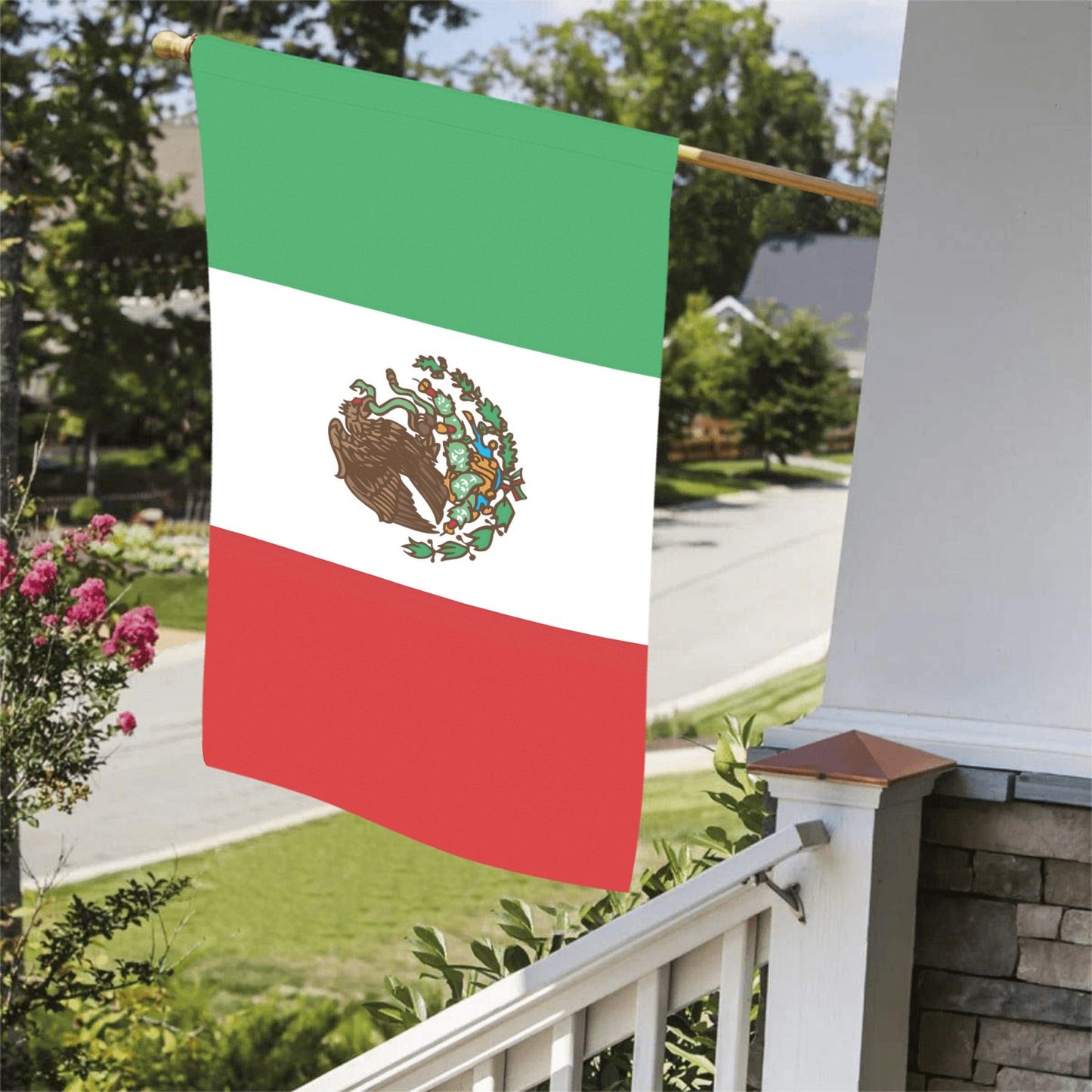 Luv My Flag brand Mexican flag displayed on porch.