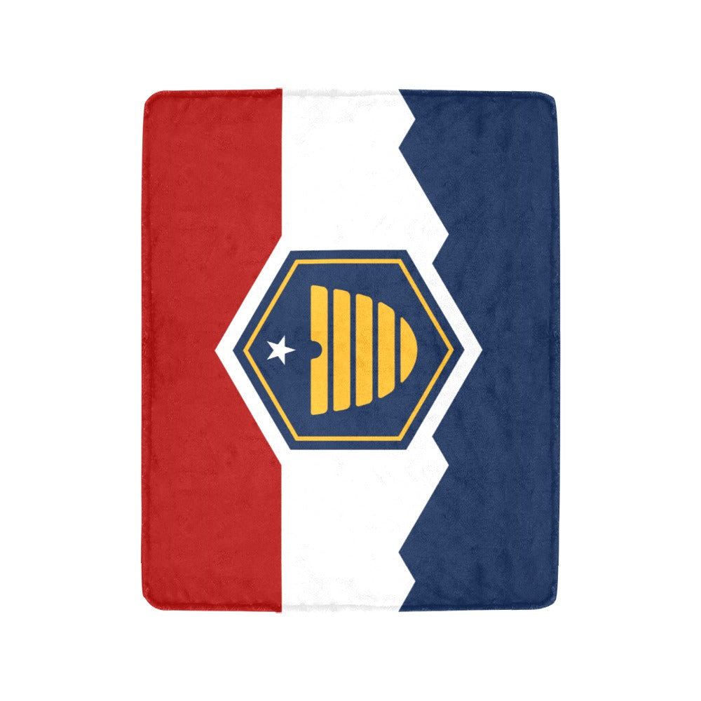 Red, white, blue patterned flag with hexagonal emblem; Luv My Flag.