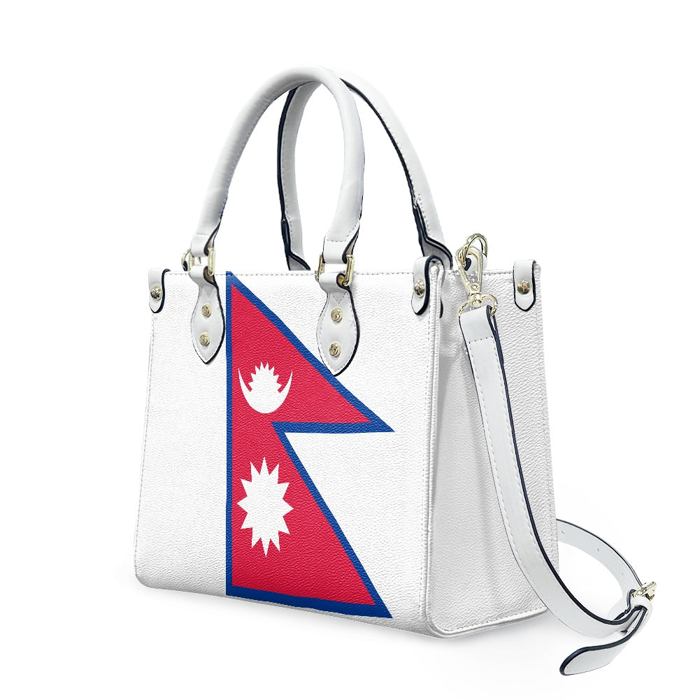 White handbag featuring Nepal flag design by Luv My Flag.
