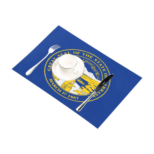"Luv My Flag blue placemat with Nebraska state seal."