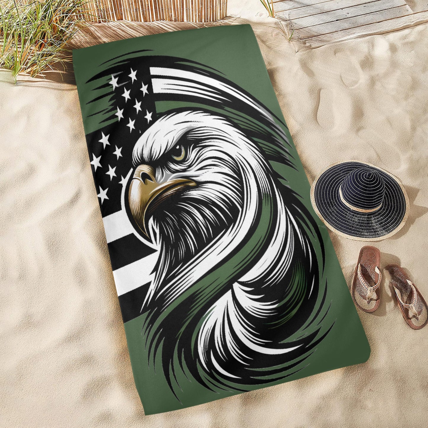 Thin Green Line Flag Inspired Eagle Beach Towel 31"x71" (Made in USA)