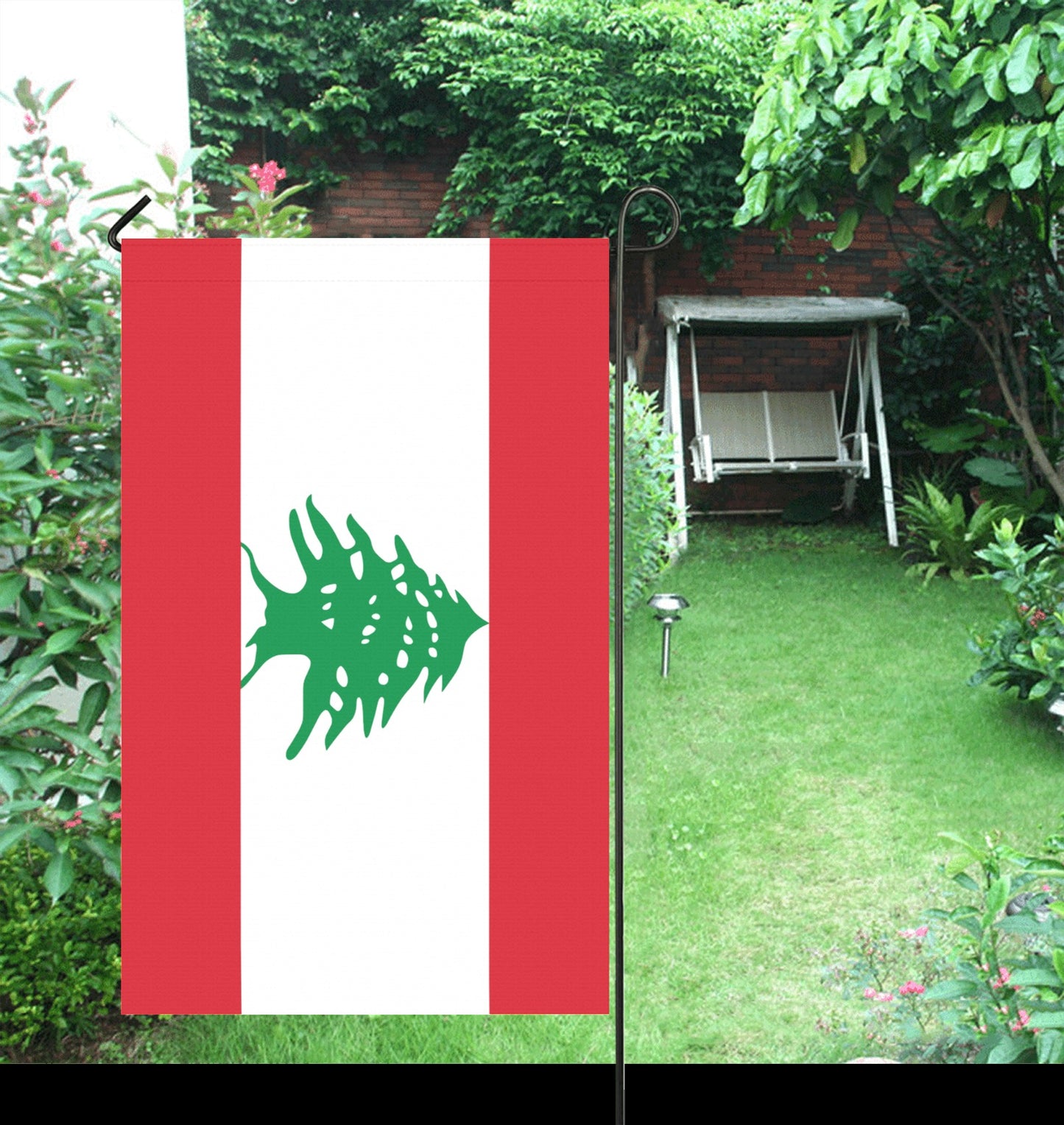 Luv My Flag garden banner featuring Lebanese flag in yard.