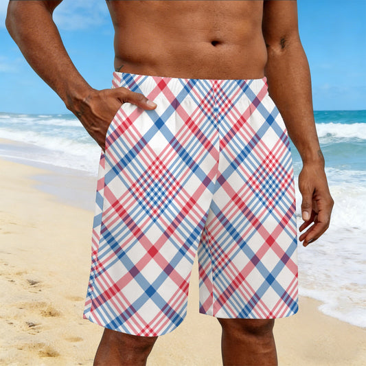 USA/American Flag Inspired Plaid Pattern Men’s Draw String Pocket Beach Shorts Printed in the USA