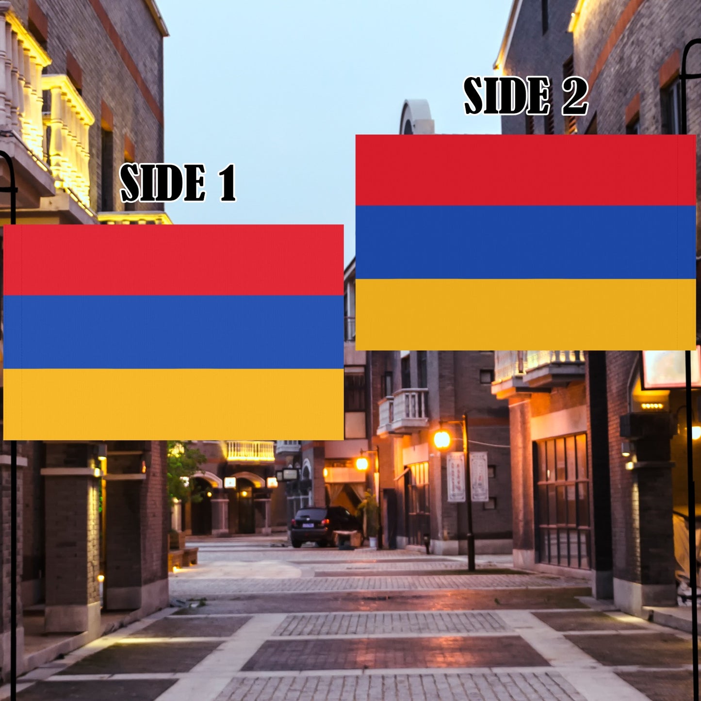 Two Armenian flags displayed in urban setting; Luv My Flag.