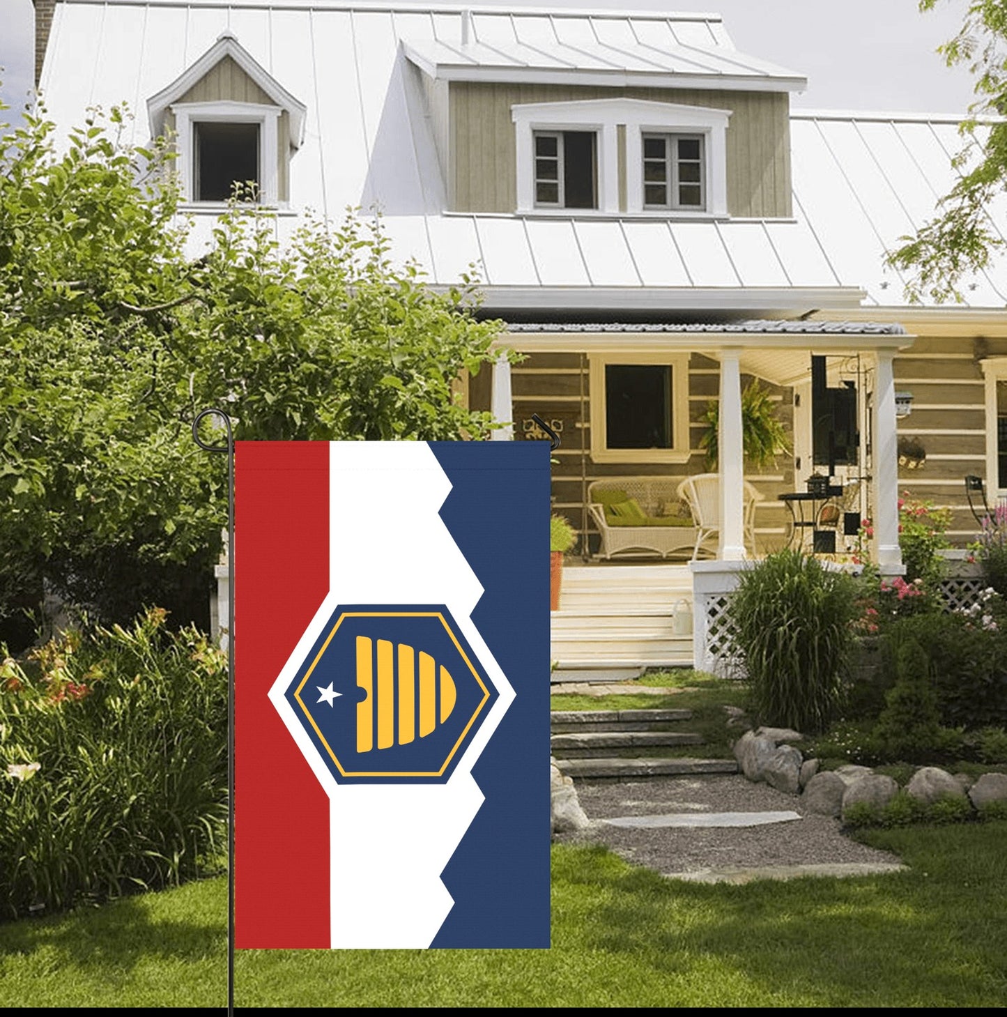 USA Garden Flag, red, white, blue with shield.