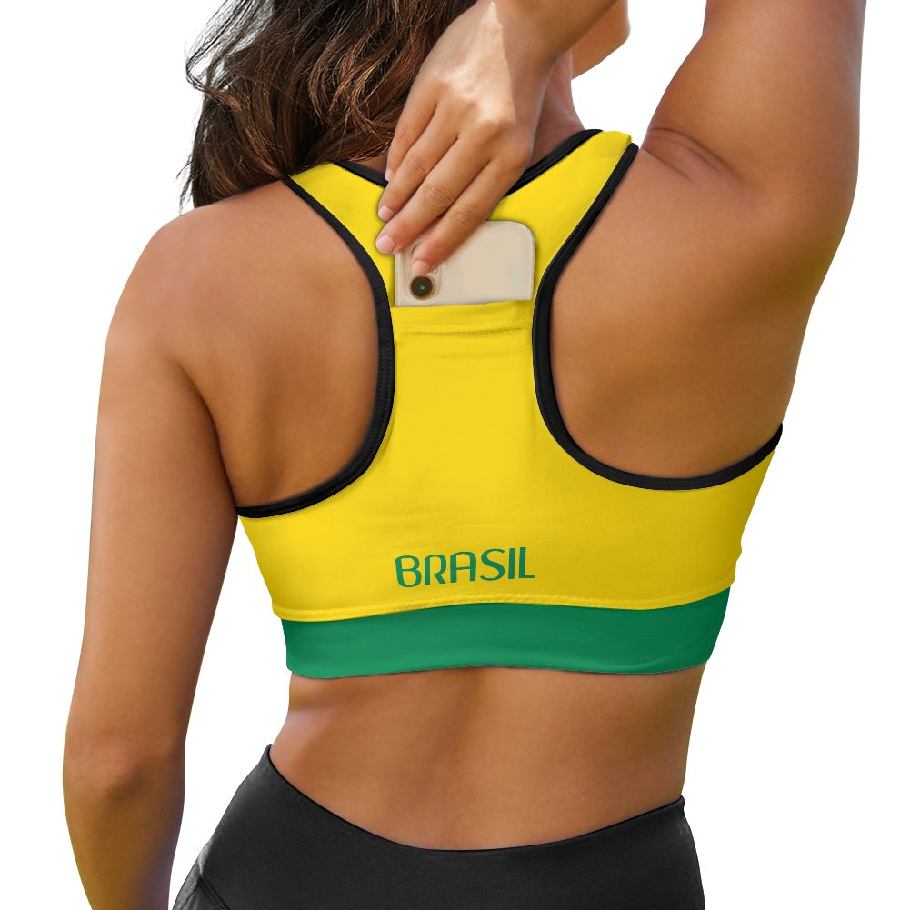 Brazil Flag Inspired Women’s Sports Bra with Back Pocket – Black or White Trim - Luv My Flag