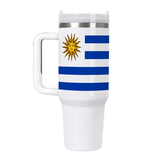 Uruguay flag travel mug with handle.