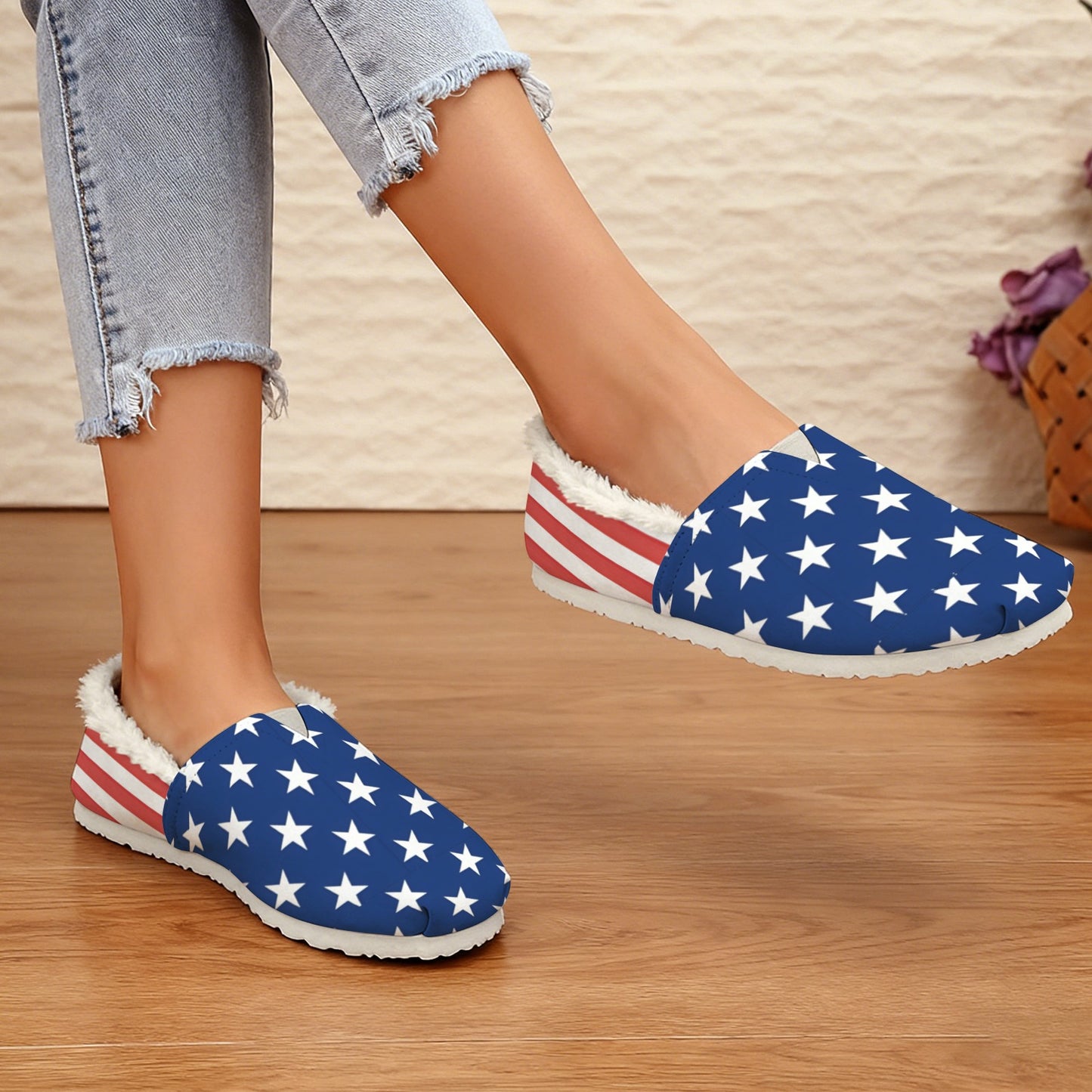 USA/American Flag Inspired Women's Fleece-Lined Canvas Slip-On