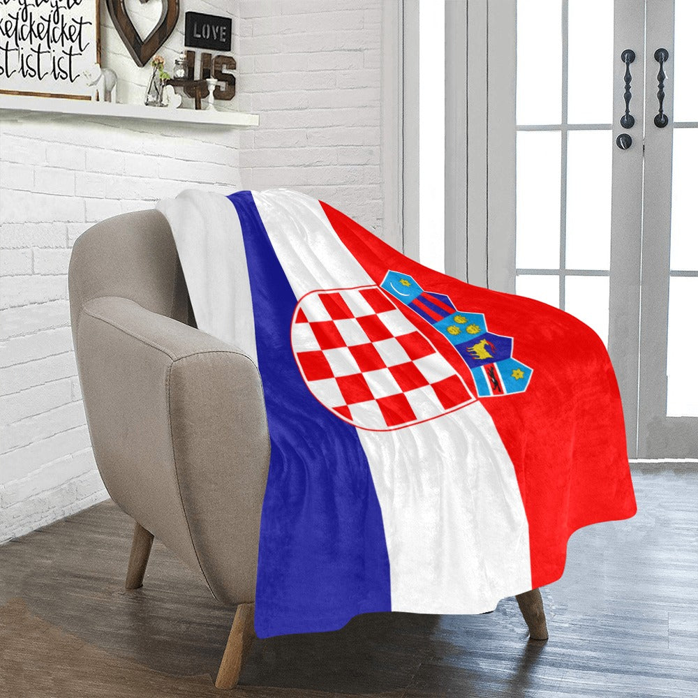 Cozy chair with Luv My Flag Croatian flag blanket.