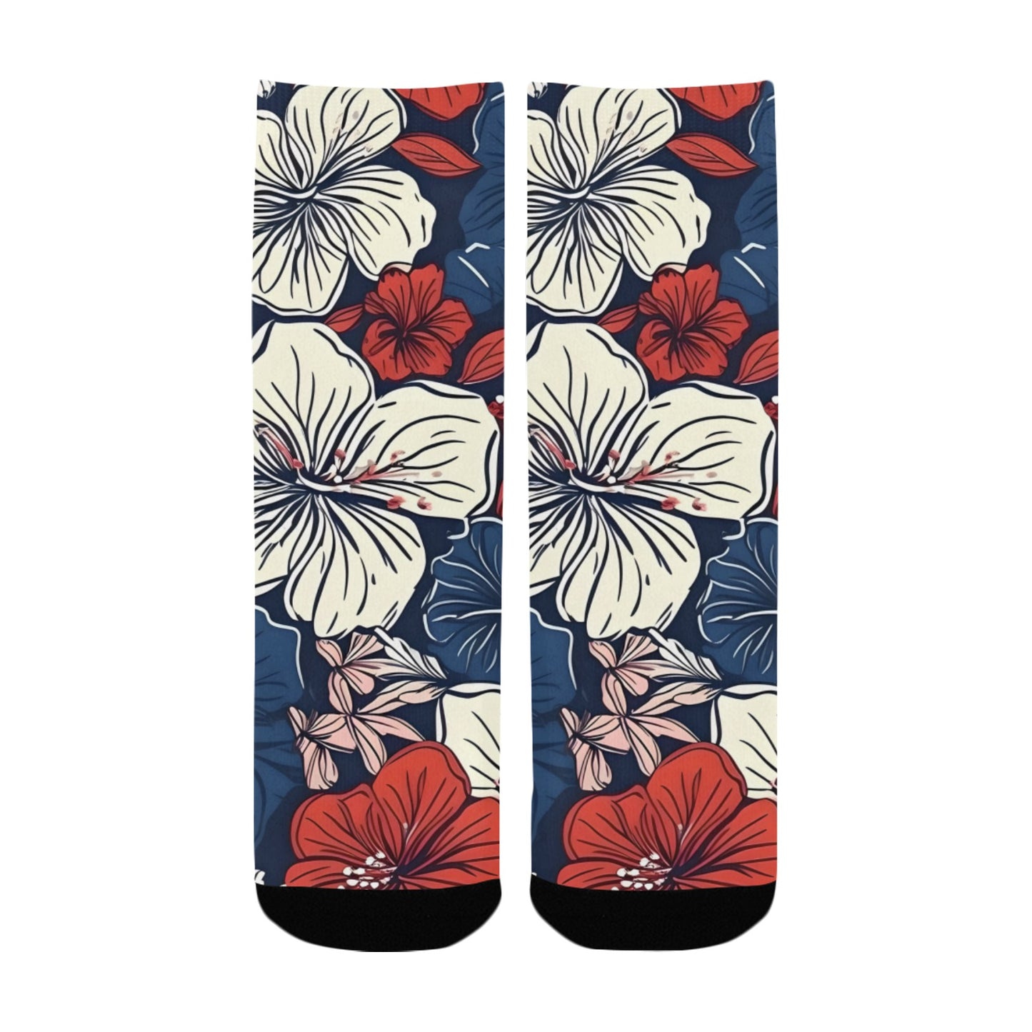 USA/American Flag Inspired Hawaiian Floral Pattern Kid's Custom Socks (Made in the USA)
