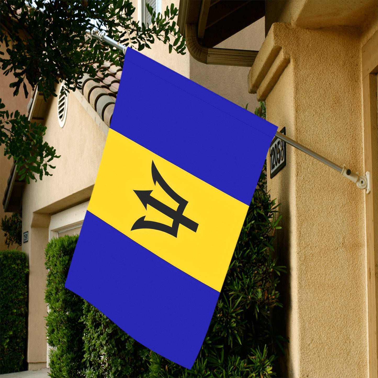 Barbados flag displayed outdoors on house, Luv My Flag.